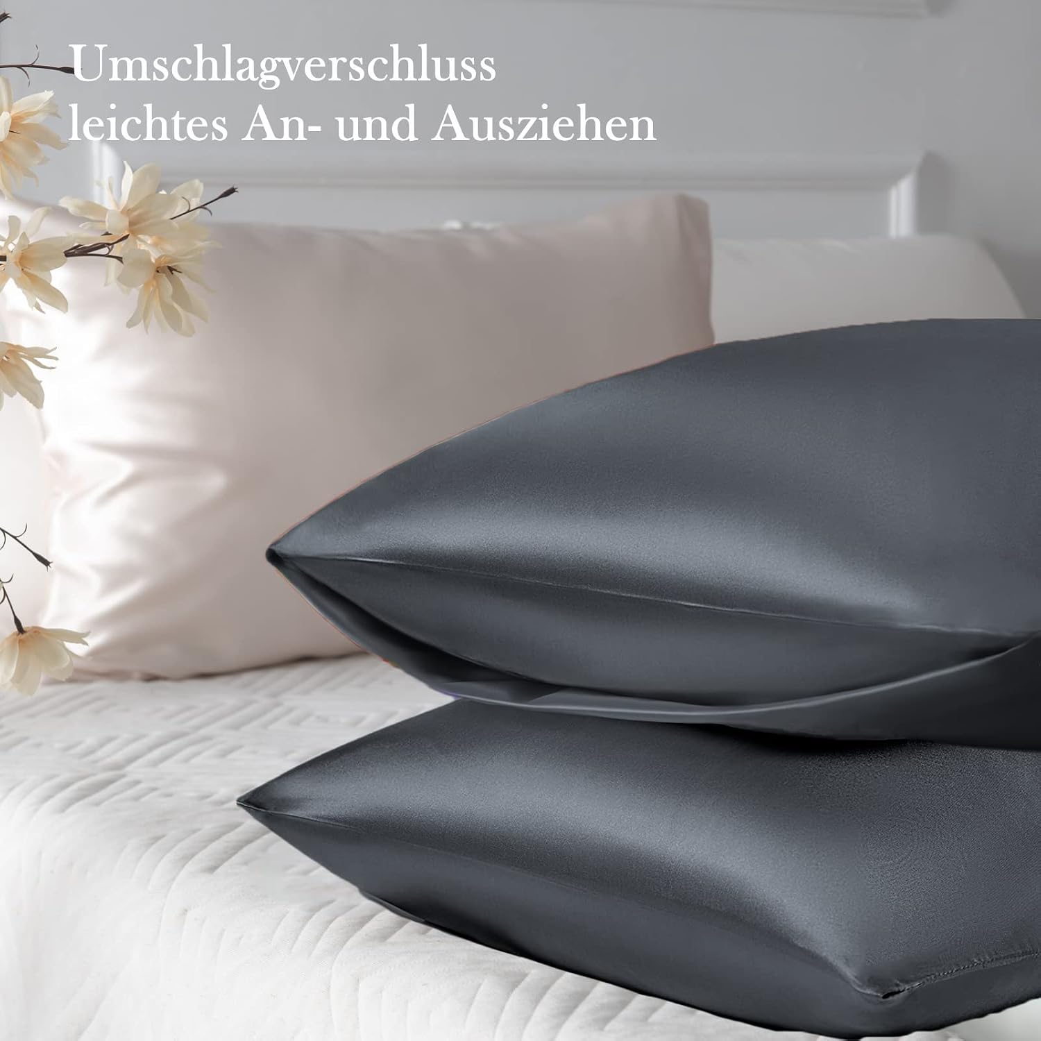Thumbnail 2 de Vielit 2er-Set Satin-Kissenbezüge 40 x 80 cm Dunkelgrau – weich wie Seide, mit Haarbändern