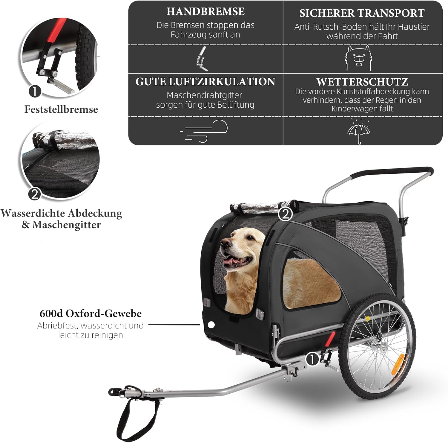 Detalle 2 de Fiximaster XL 2-in-1 Hundeanhänger & Jogger mit Handbremse, Hunde bis 40 kg