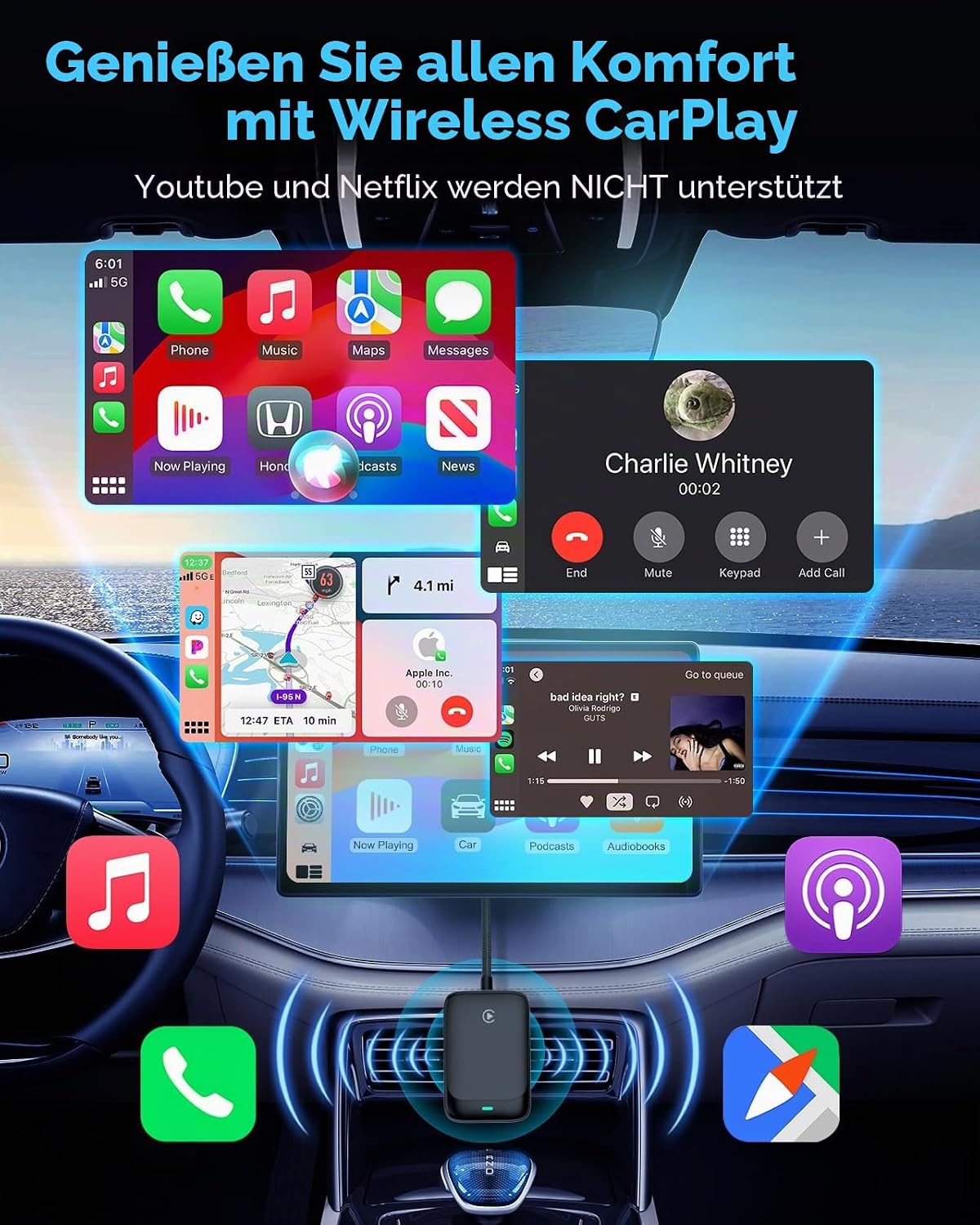 Detalle de MoKo CarPlay Wireless Adapter für Apple iPhone – kabellos aus kabelgebundenem CarPlay nutzen