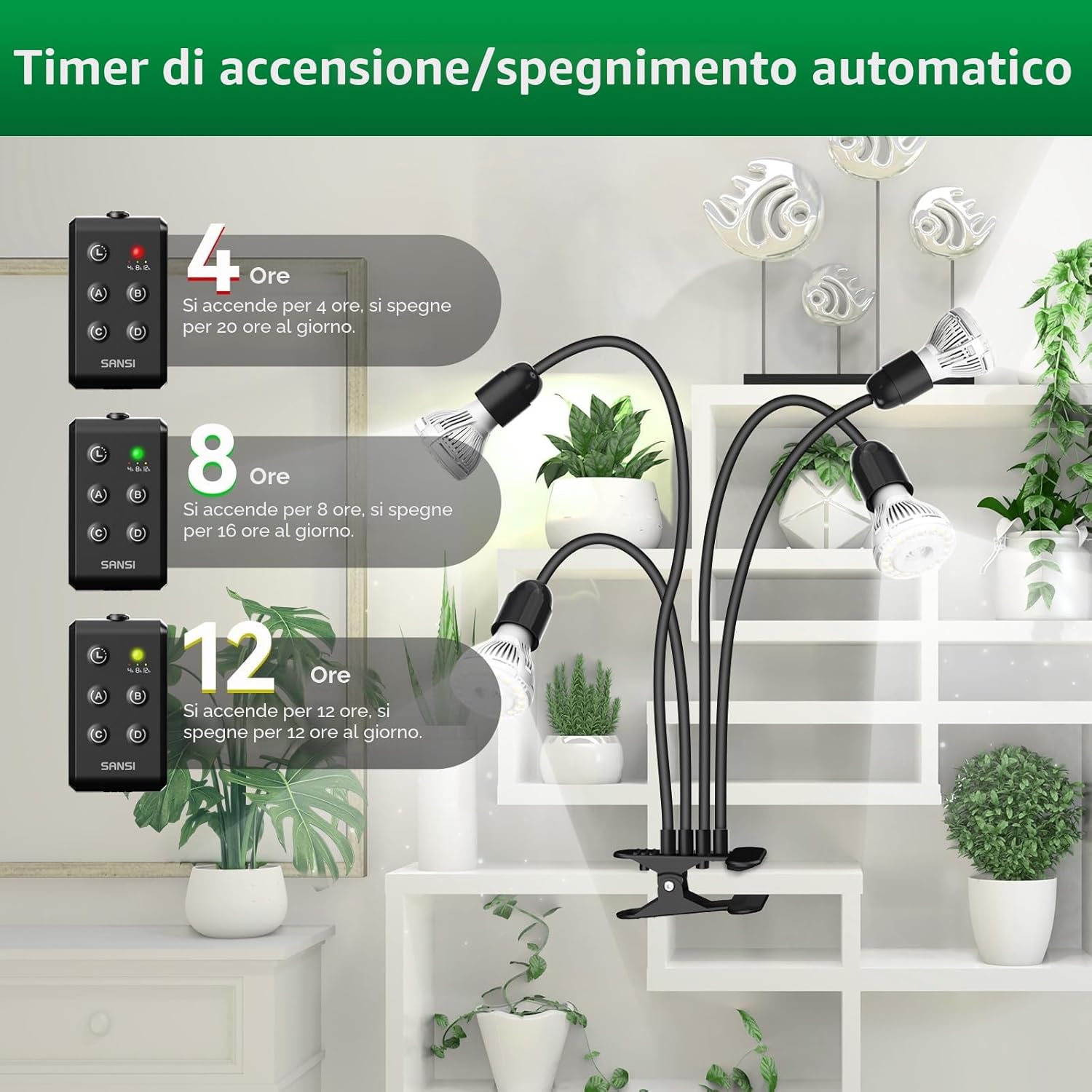 Detalle de SANSI lampada LED per piante da interno 40W (equivalenti 600W), spettro completo e timer 4/8/12 ore con 4 bracci