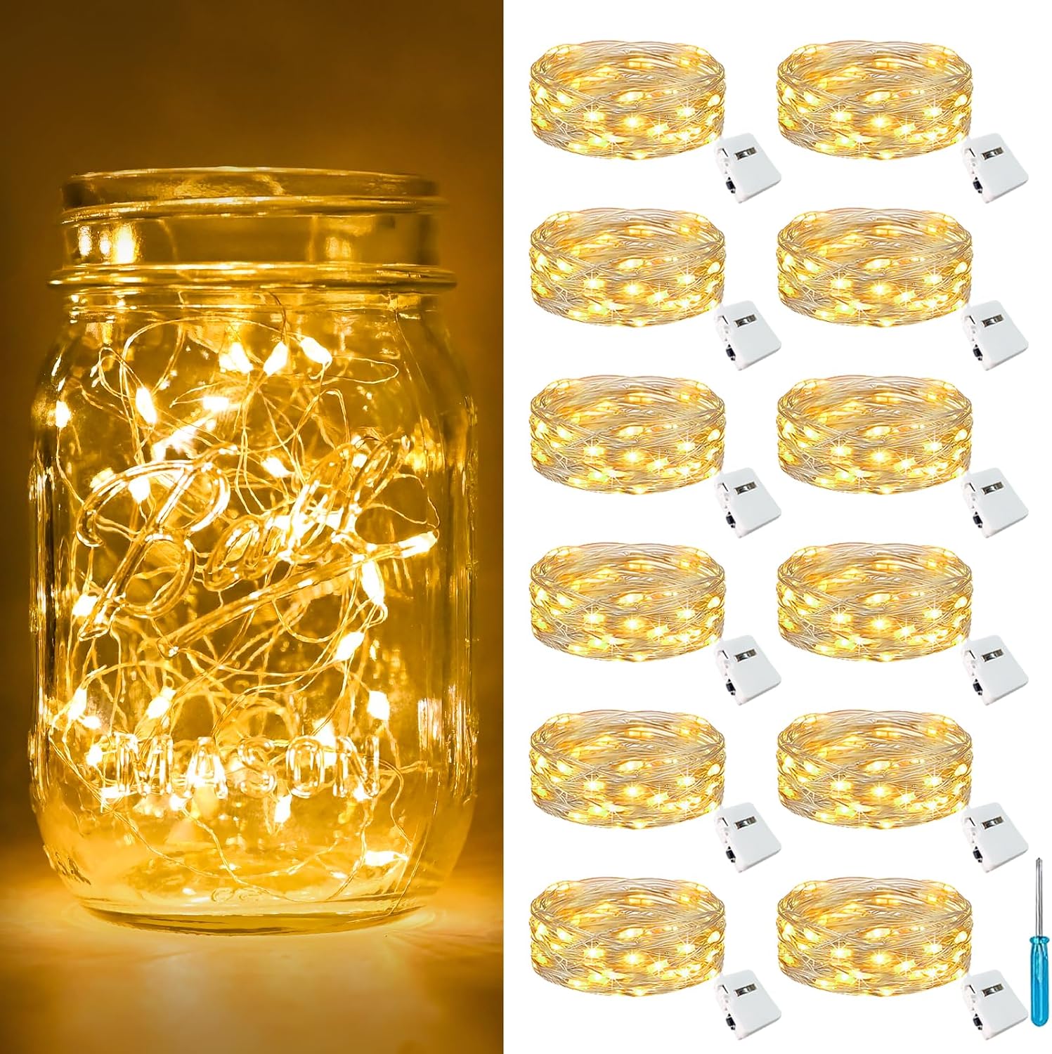Detalle de btfarm 12-Pack Battery-Powered Fairy Lights, 7 ft, 20 LEDs, Warm White