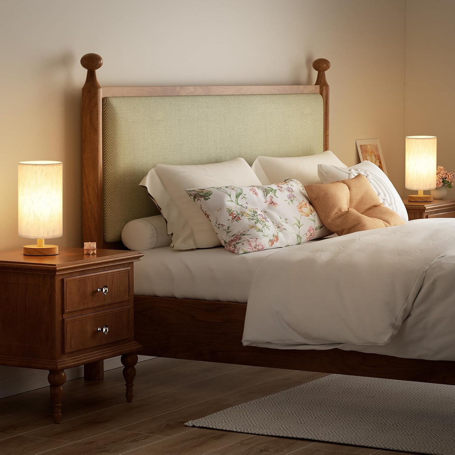 Detalle de Fenmzee yuan20-1 Table Lamps, Set of 2, 9-Inch Cream Linen Shades, Wood Bases