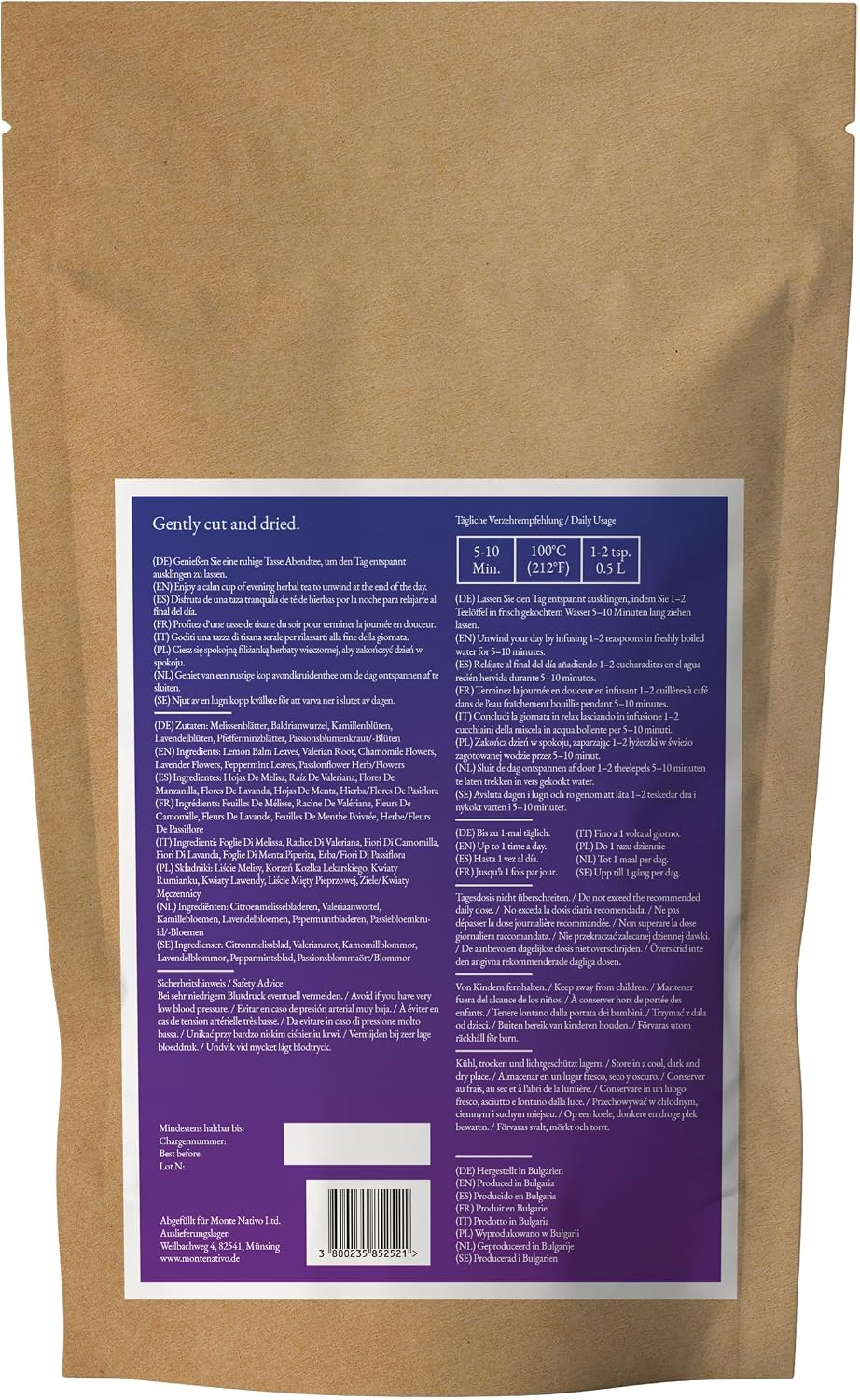 Detalle de Tisana della Sera Monte Nativo (120 g) – Infuso rilassante a foglie sfuse con melissa, valeriana, camomilla, lavanda, menta piperita e passiflora