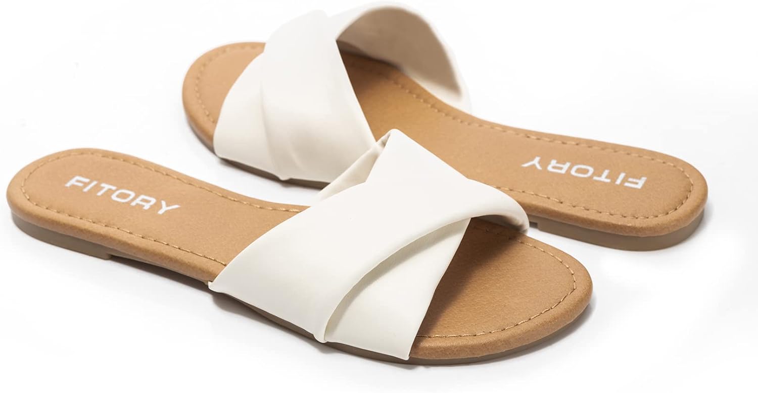Detalle de FITORY Women's Flat Sandals with Comfy Leather – Casual Slip-On Slides for Summer