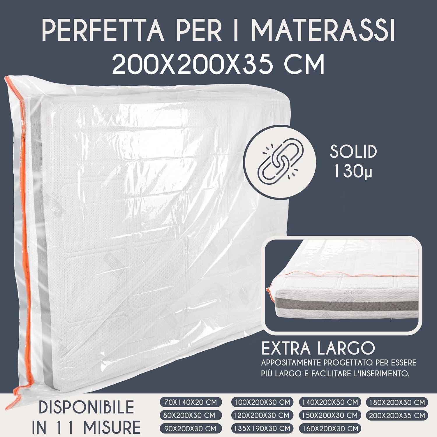 Detalle de Custodia Materasso Matrimoniale in Plastica con Cerniera: Protezione affidabile per 200x200 cm (35 cm di spessore)