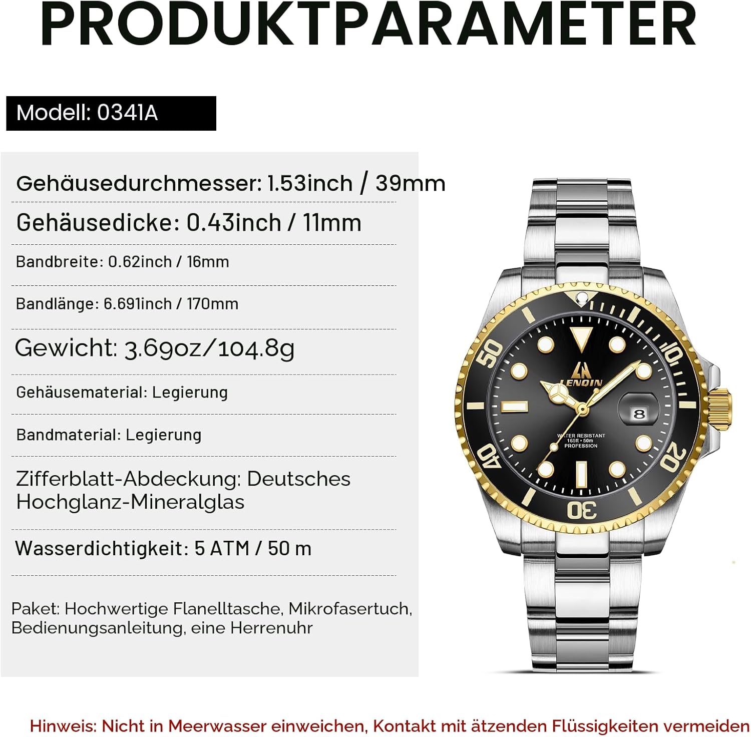 Detalle de LN LENQIN Herren Uhr Edelstahl – Datum, Leuchtziffern, 3ATM, Quarz-Armbanduhr
