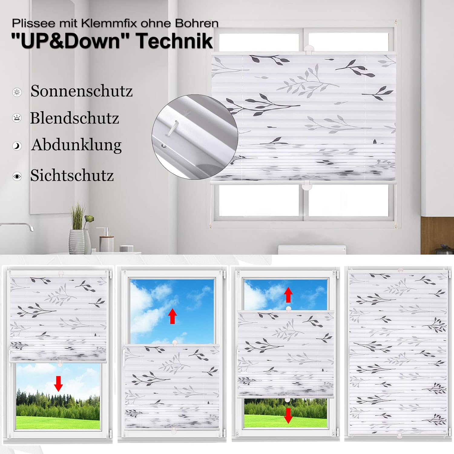Thumbnail 2 de WOLTU Plissee Faltrollo Klemmfix ohne Bohren 90x130 cm Grau – Easyfix mit Klemmträger für Tür & Fenster
