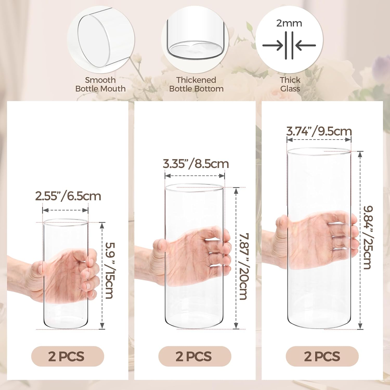 Thumbnail 1 de Lot de 6 vases cylindriques en verre transparent ComSaf pour centres de table, 15,2 à 25,4 cm