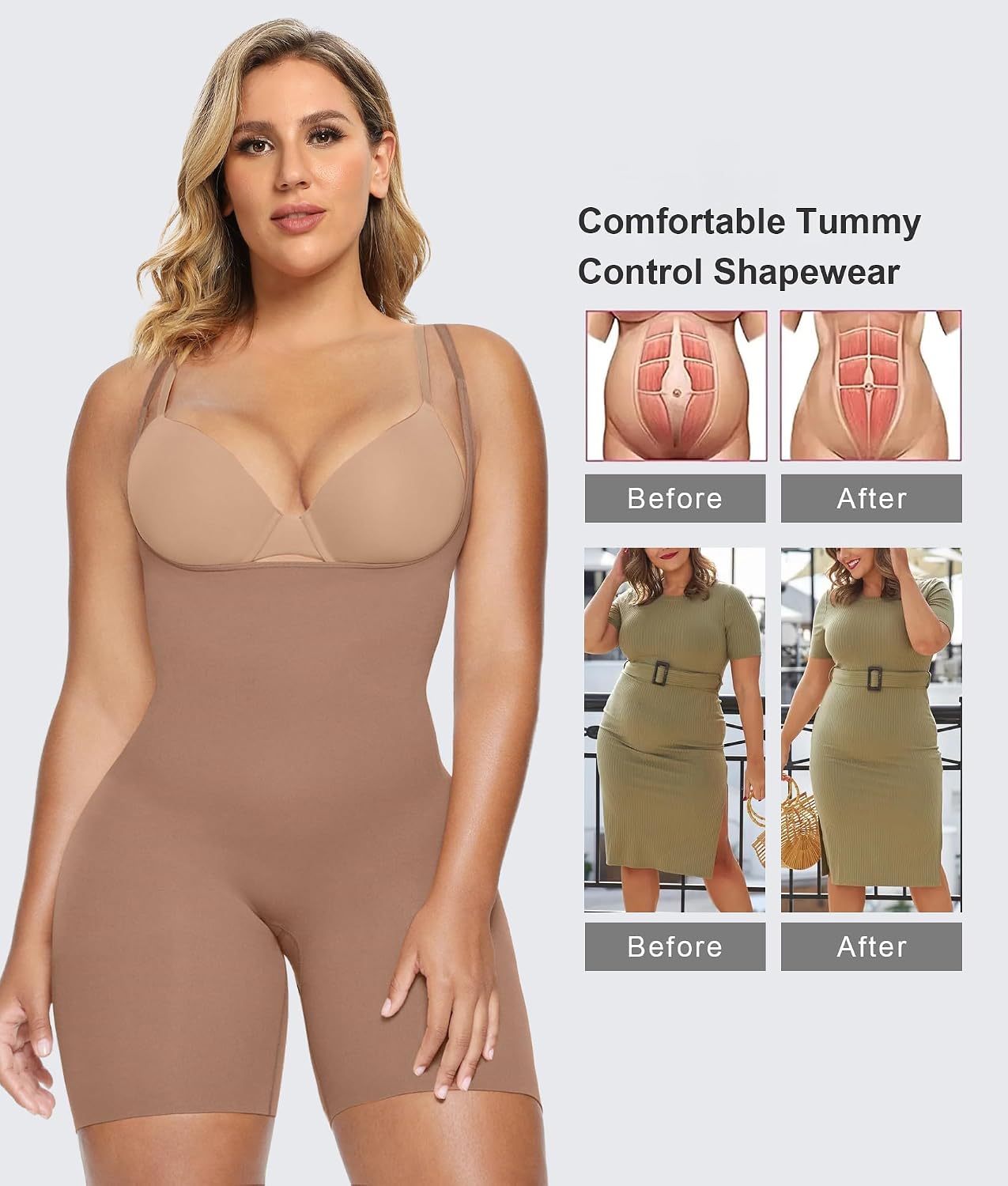 Detalle 1 de SHAPERX Open-Bust Mid-Thigh Shapewear Bodysuit for Women, Seamless Tummy Control