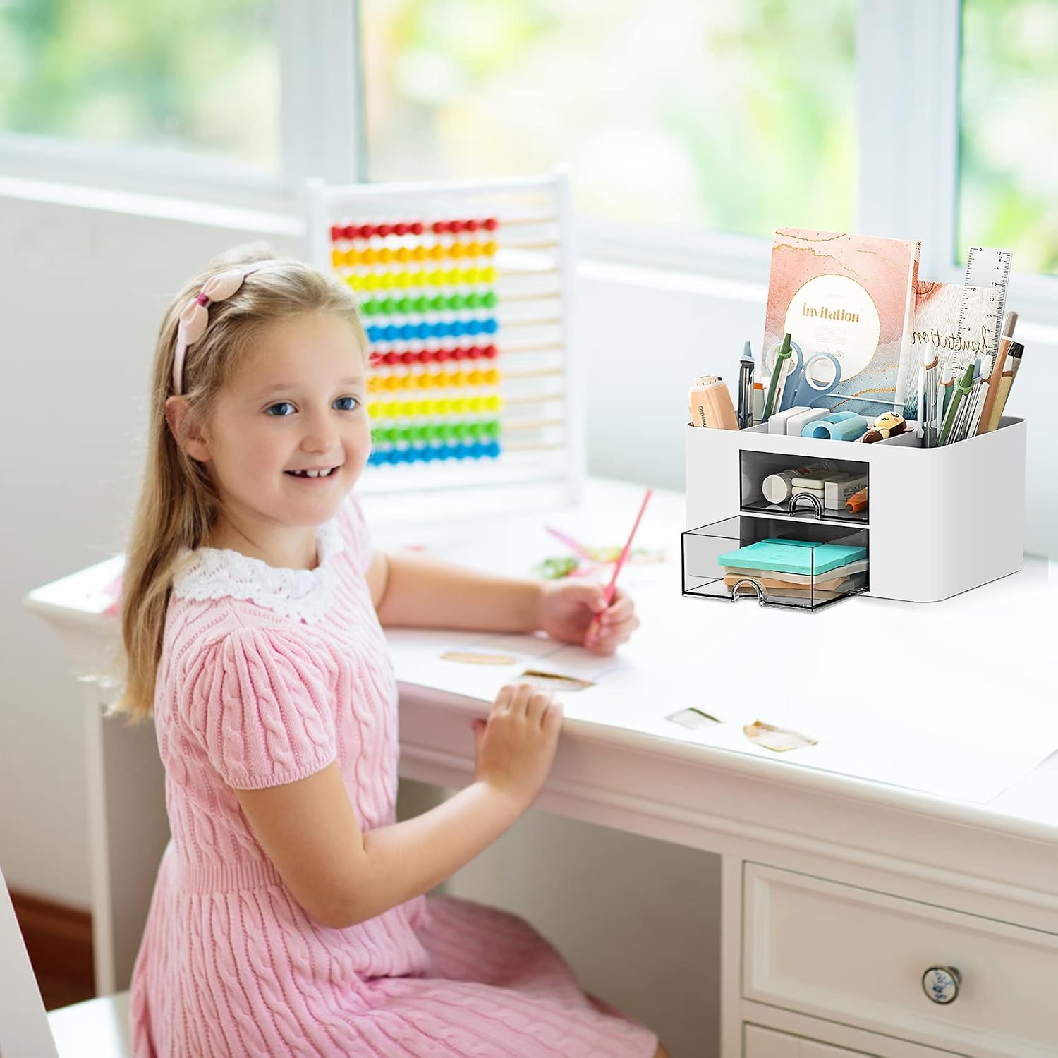 Thumbnail 6 de PAMIYO Schreibtisch Organizer mit 7 Fächern, Kunststoff (weiß) – Stiftehalter mit Schublade für Büro, Zuhause & Schule