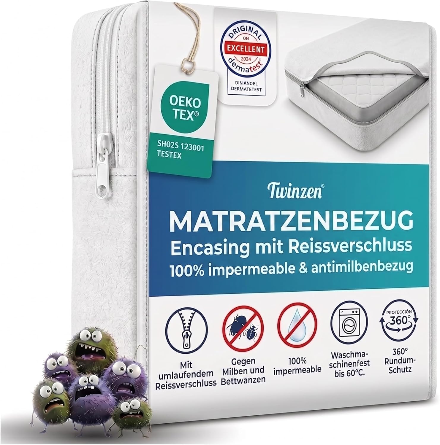 Twinzen Matratzenbezug 90 x 200 x 25 cm – wasserdicht, atmungsaktiv & hypoallergen