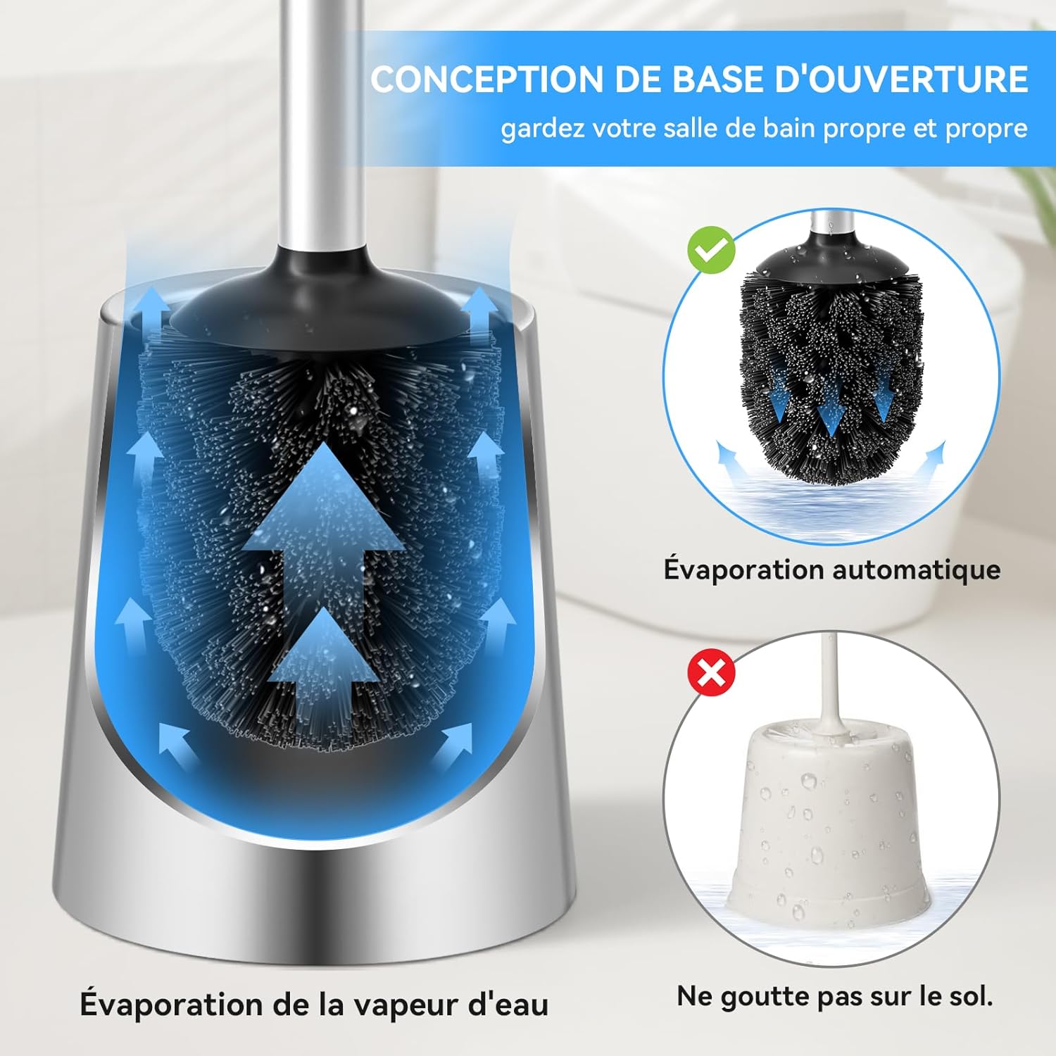 Detalle de TOURRAMIT Brosse Toilettes WC en Acier Inoxydable 304 – Balayette sur pied avec tête remplaçable, finition argent brossé
