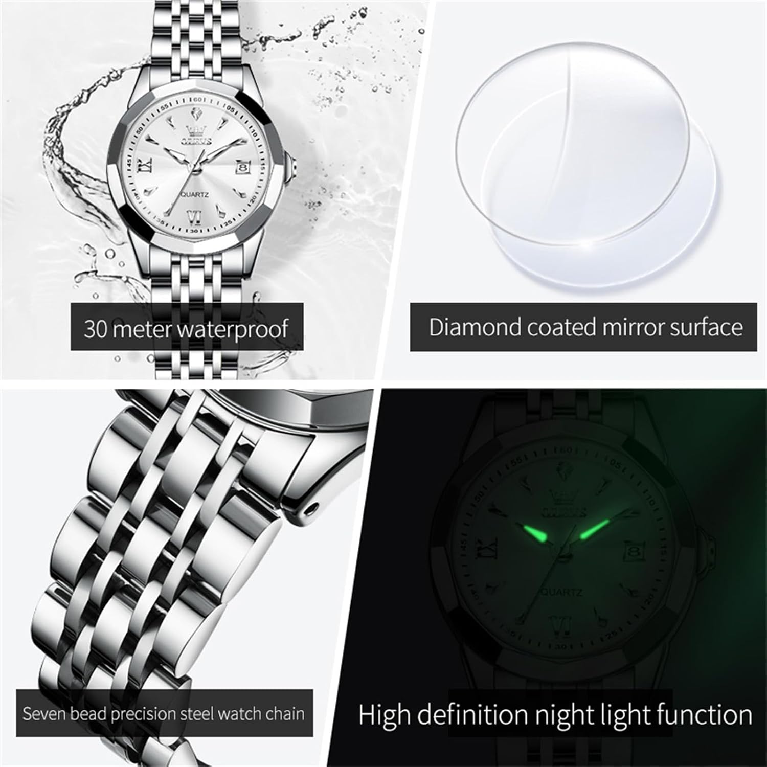 Detalle de OLEVS Montre à quartz pour femme avec cadran diamant, acier inoxydable et lumière nocturne