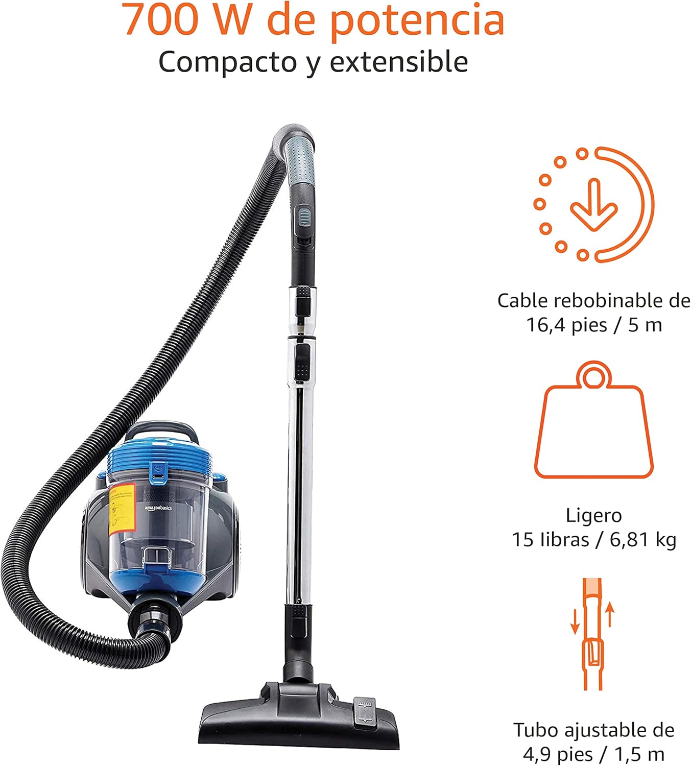 Detalle 2 de Amazon Basics Aspirador Cilindro Sin Bolsa 700W, HEPA, Ligero