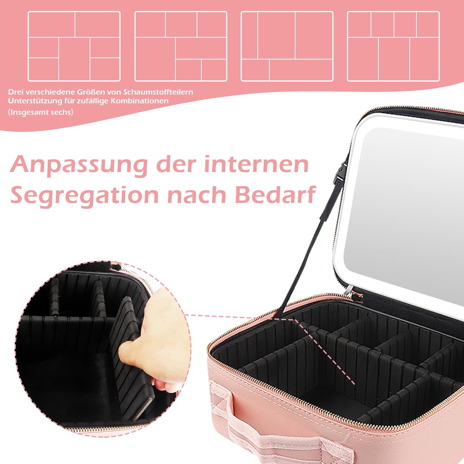 Detalle de MOMIRA Reise-Make-up-Tasche mit beleuchtetem Spiegel – Rosa