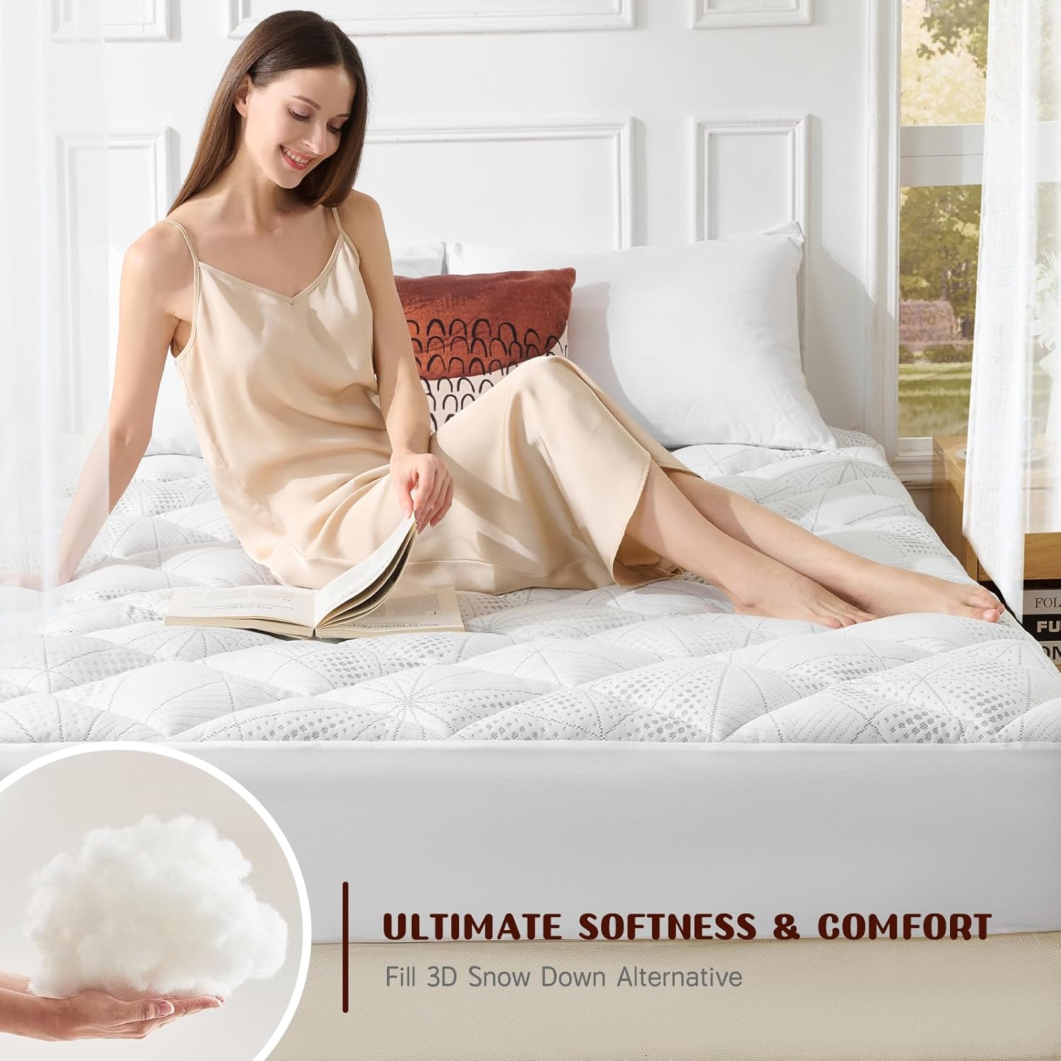 Detalle de Vomiliku Queen Size Thick Quilted Mattress Topper with Bamboo Viscose and Deep Pockets (60x80)
