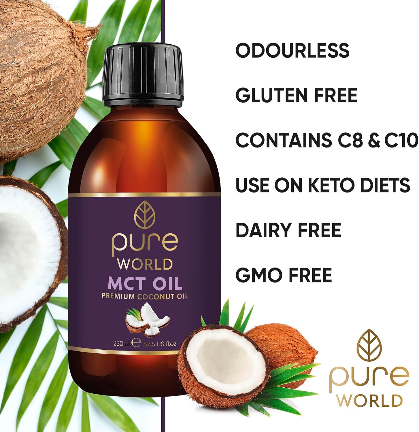 Detalle 2 de Pure World Natural MCT Coconut Oil 250ml 🫒