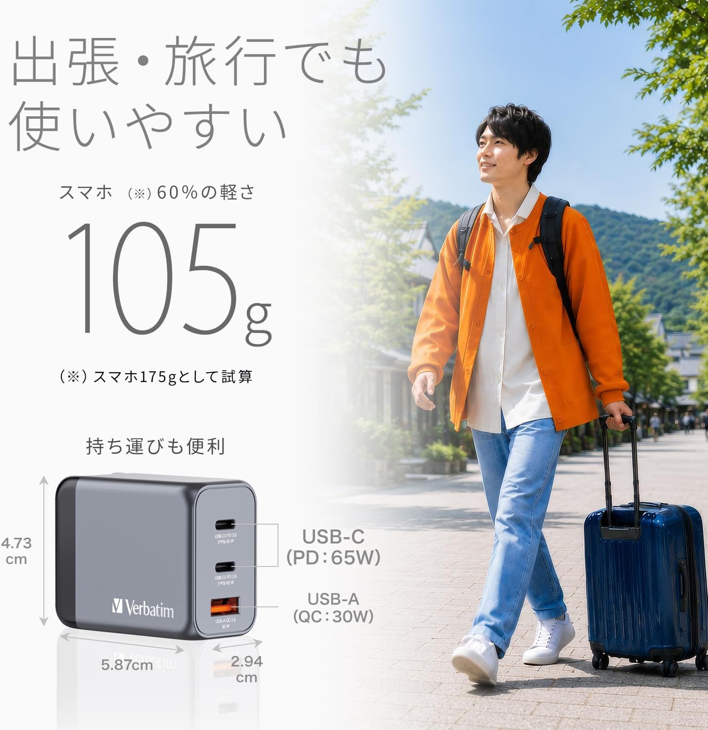 Thumbnail 6 de Verbatim 32201 GaN充電器 65W・USB-C×2/USB-A×1、海外対応プラグ付き