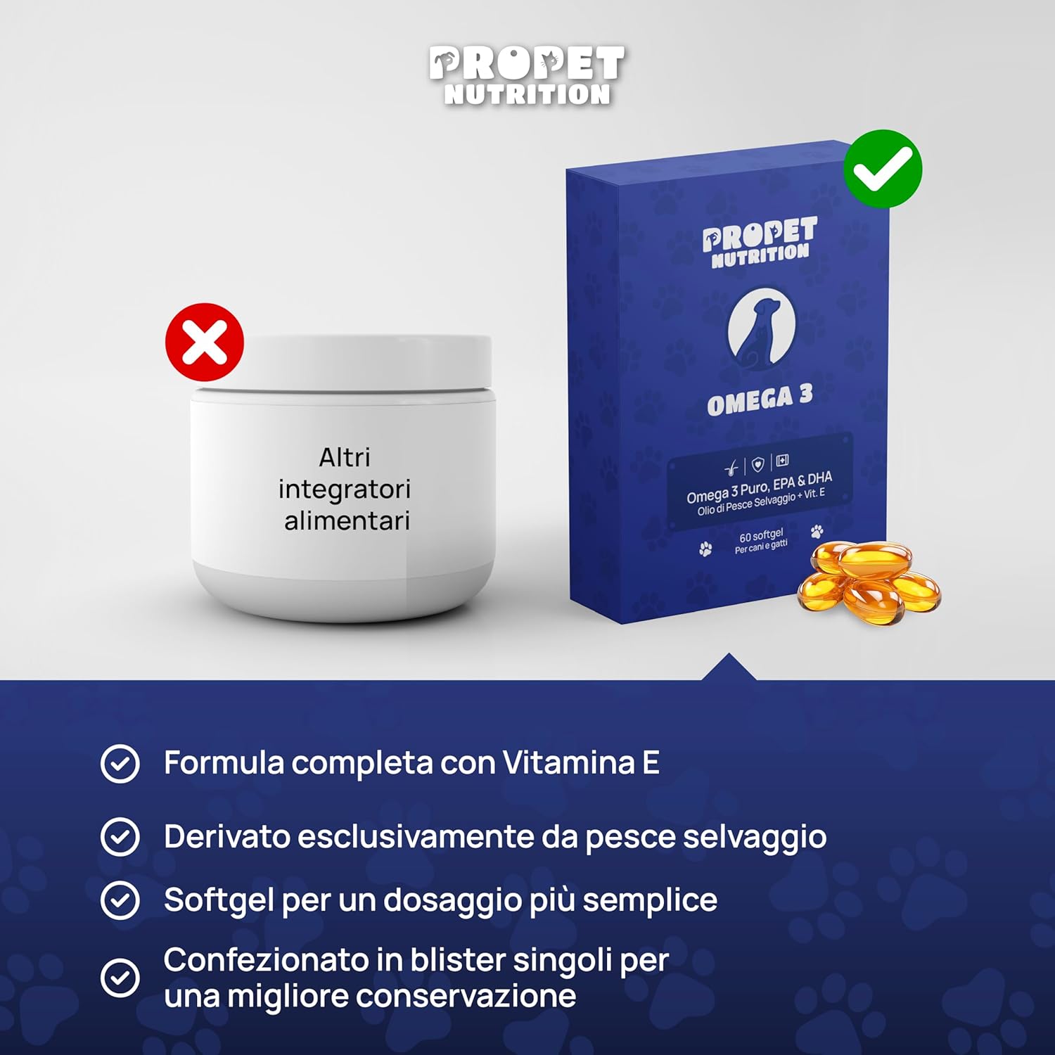 Detalle de Omega 3 Cani e Gatti. 60 Capsule: olio di pesce selvaggio con vitamina E per pelle, pelo, cuore e articolazioni