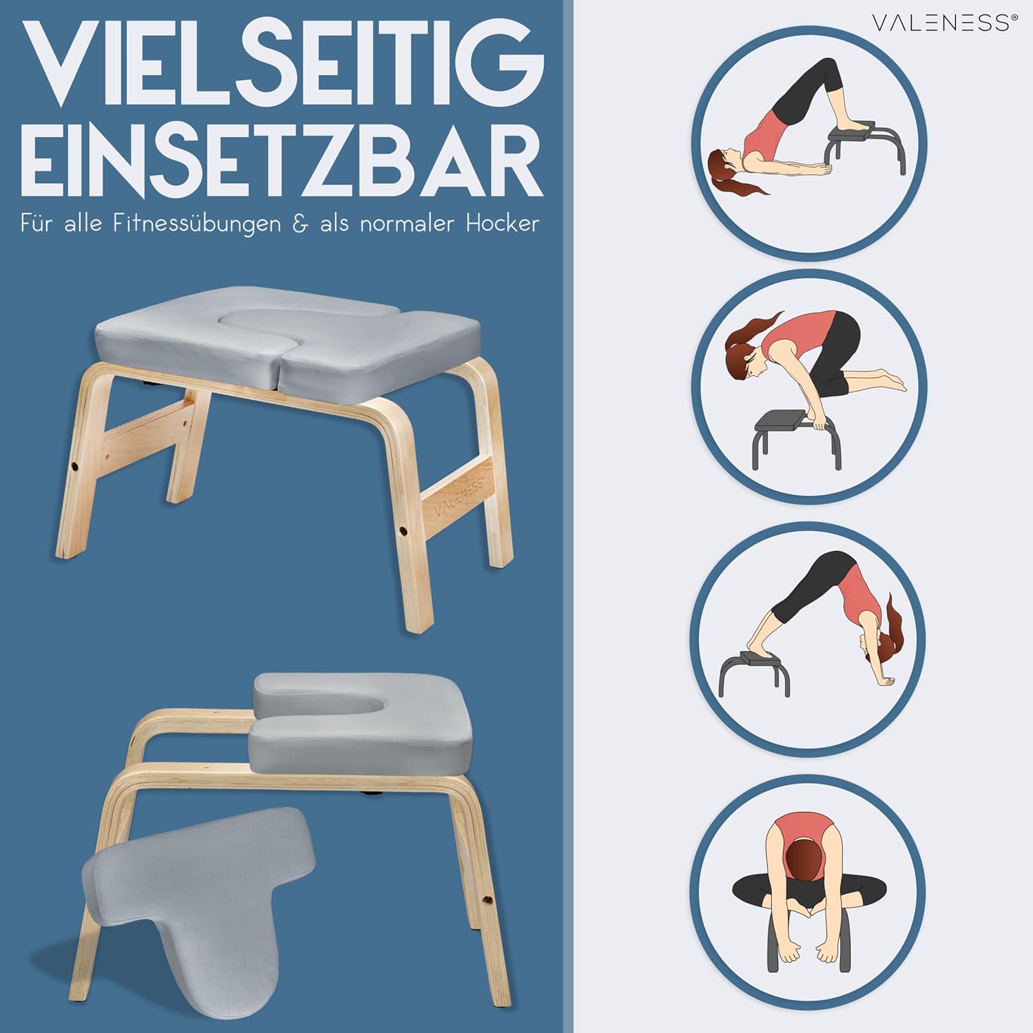Detalle de VALENESS Yoga Kopfstandhocker – Hochwertiger Yoga Stuhl inkl. Yogagurt, Yogablock & Übungsposter