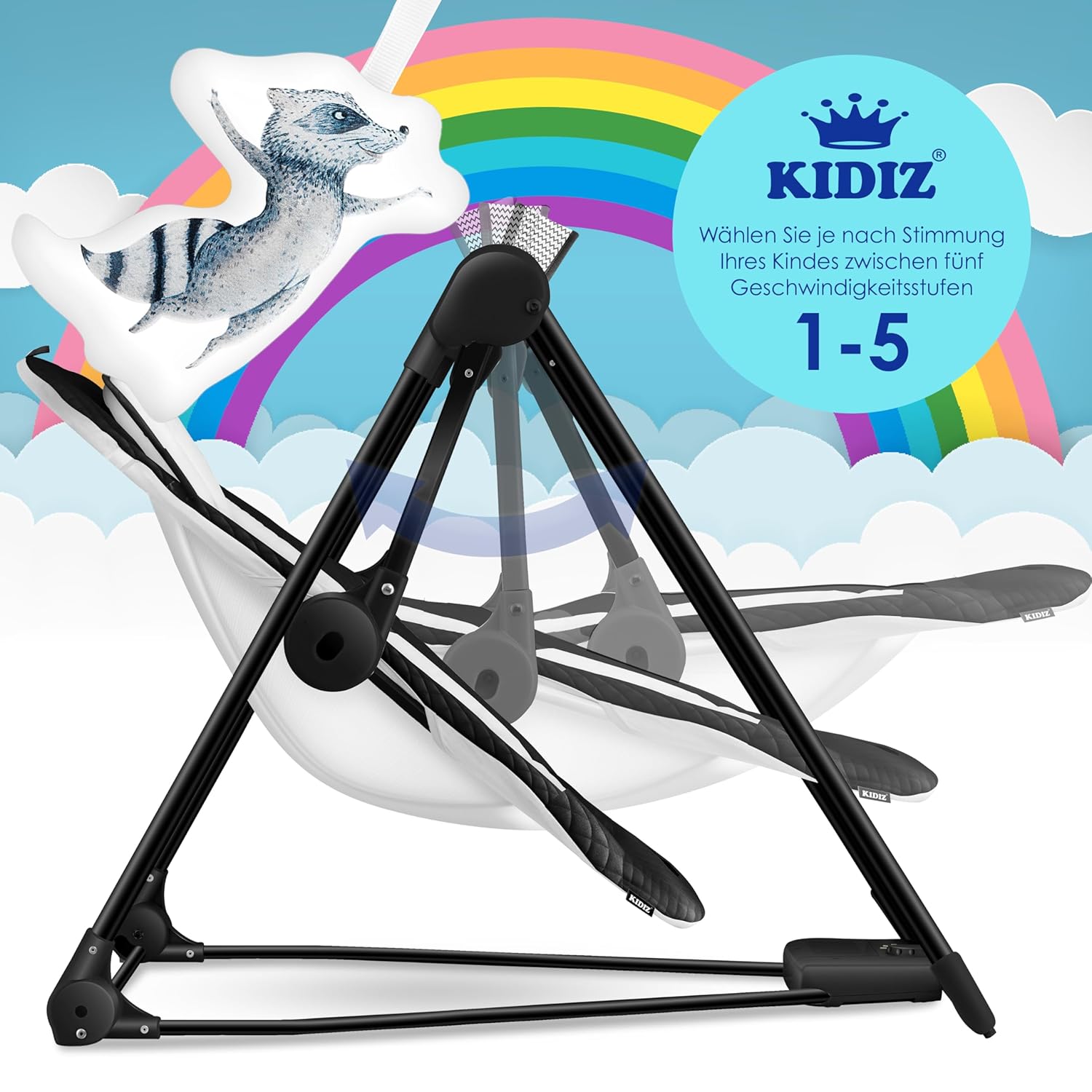 Thumbnail 2 de KIDIZ® Babywippe Babyschaukel mit 5 Geschwindigkeiten – faltbar, mit Spielbogen und Naturgeräuschen (Schwarz)