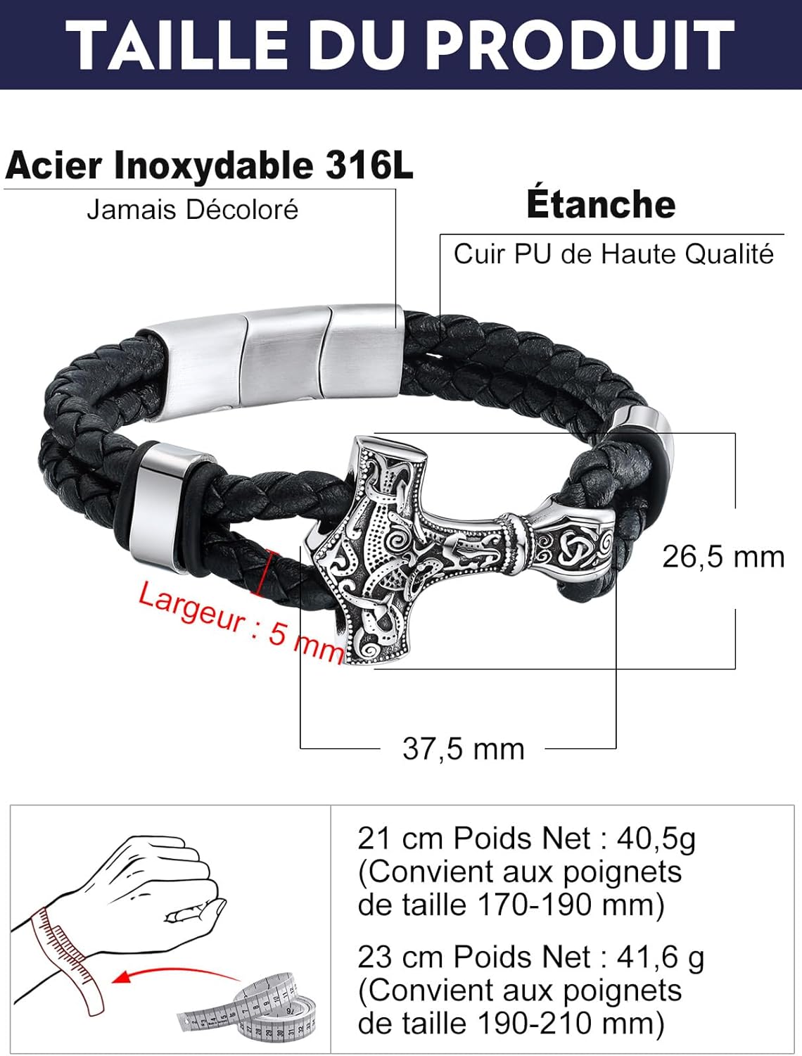Thumbnail 5 de Bandmax Bracelet homme en cuir PU tressé noir avec manchette marteau (21 cm/23 cm) – fermoir ajustable