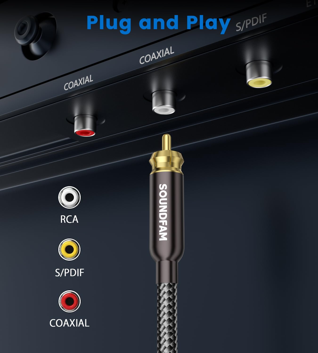 Thumbnail 5 de SOUNDFAM RCA Subwoofer Cable 2M – Gold Plated, Cotton Braided RCA Male to Male