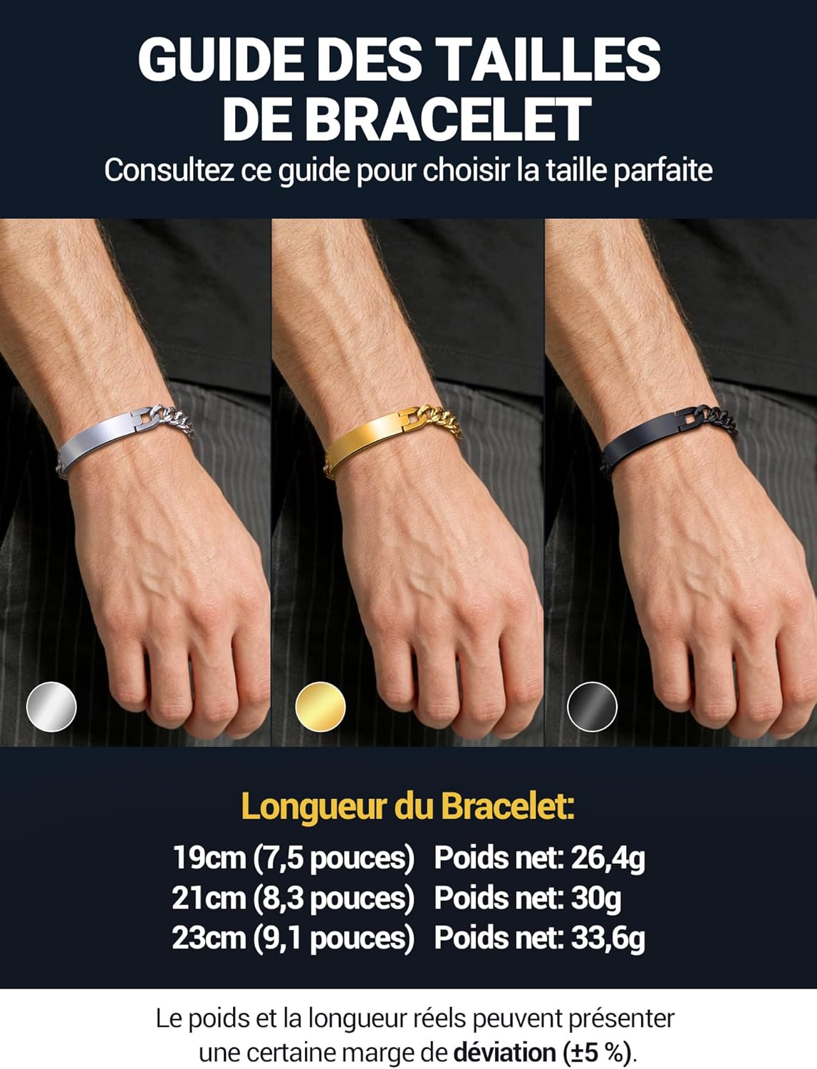Thumbnail 3 de PROSTEEL Bracelet homme personnalisable en acier inoxydable 316L avec chaîne et plaque horizontale (largeur 10 mm)