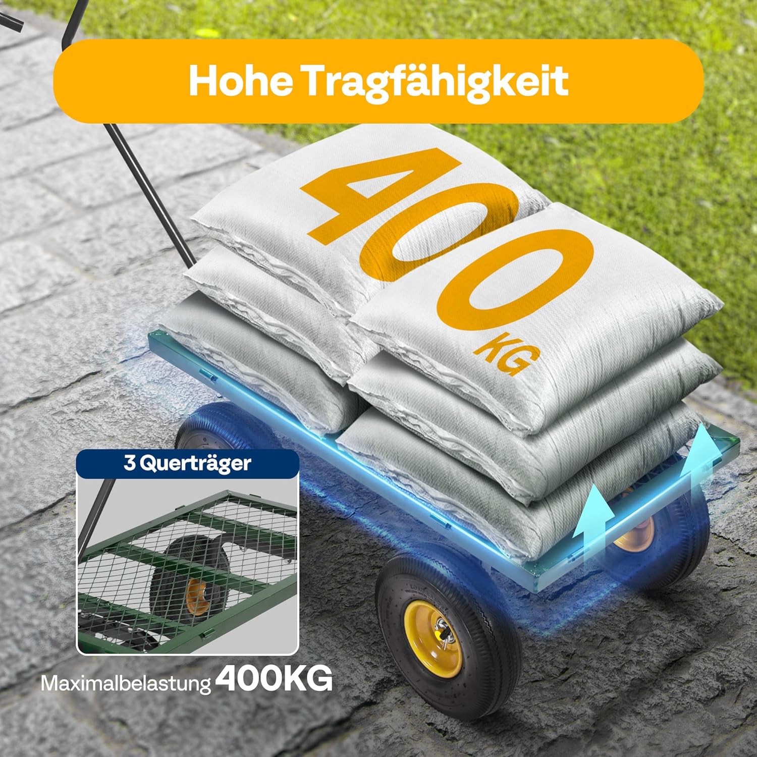 Thumbnail 3 de VIVOHOME Gartenwagen mit abnehmbaren Seiten und Luftreifen, Transportwagen bis 400 kg mit 180° drehbarem Griff