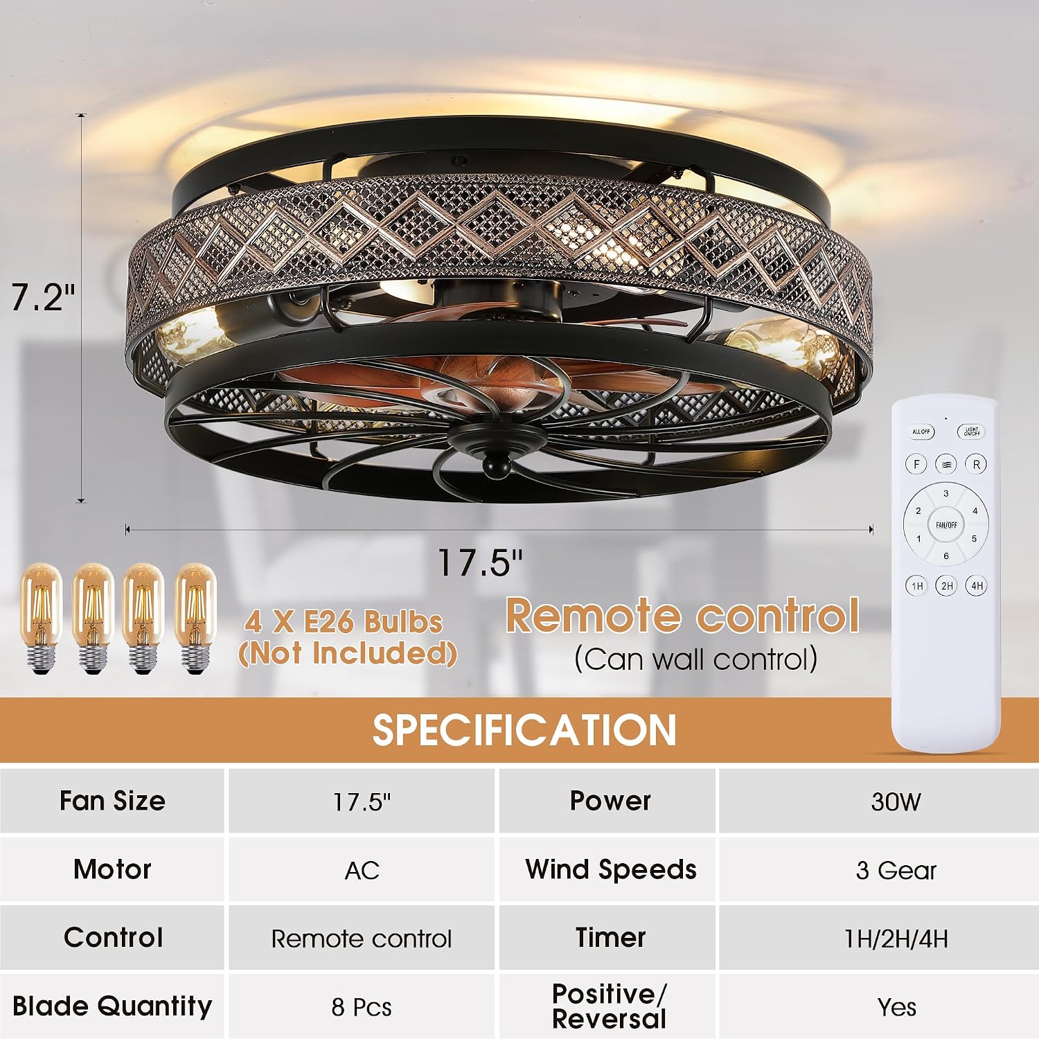 Thumbnail 4 de SHIHOT 6202 Low-Profile Caged Ceiling Fan with Light, Remote and Reversible Airflow