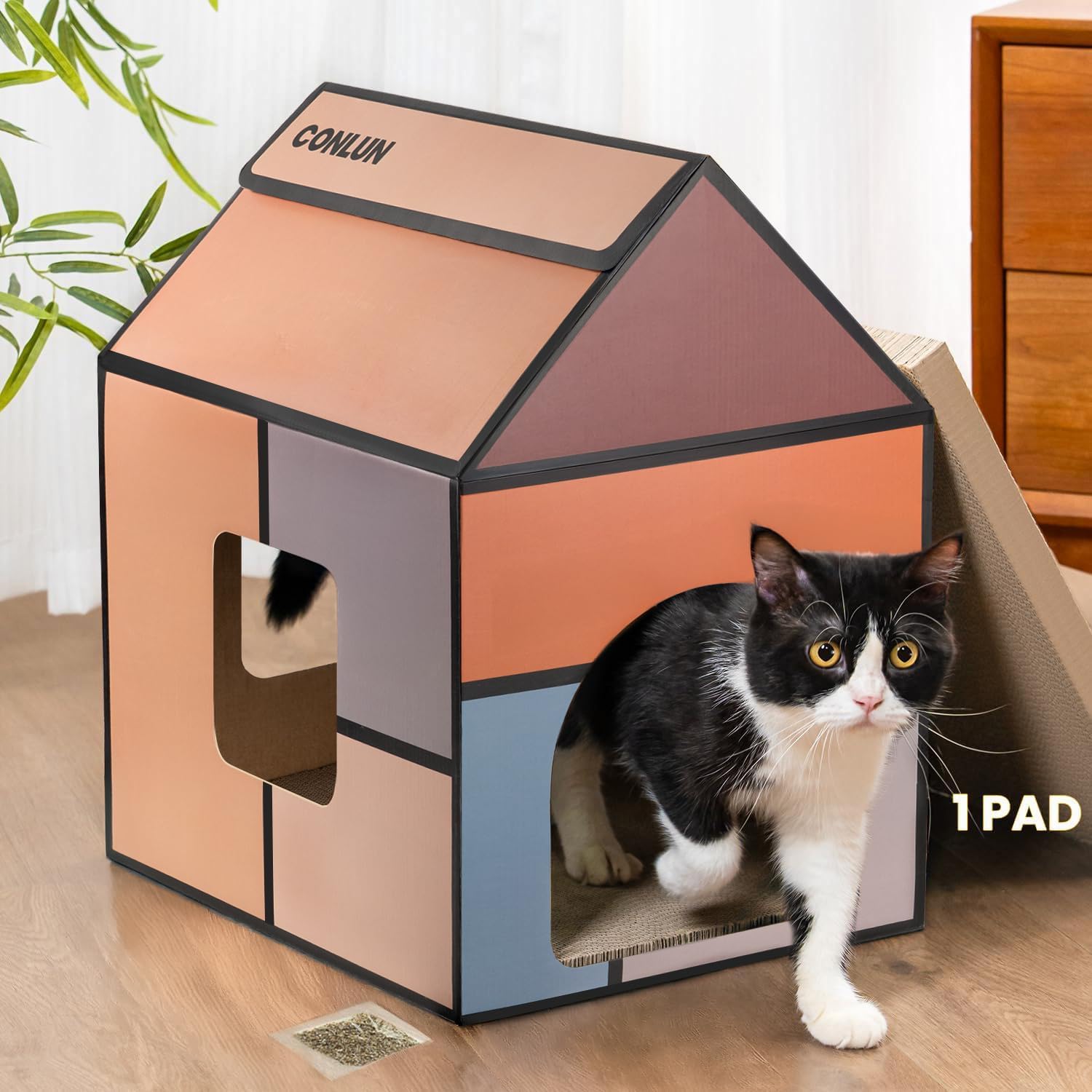 Detalle de Conlun Large Cardboard Cat House with Scratching Board & Catnip