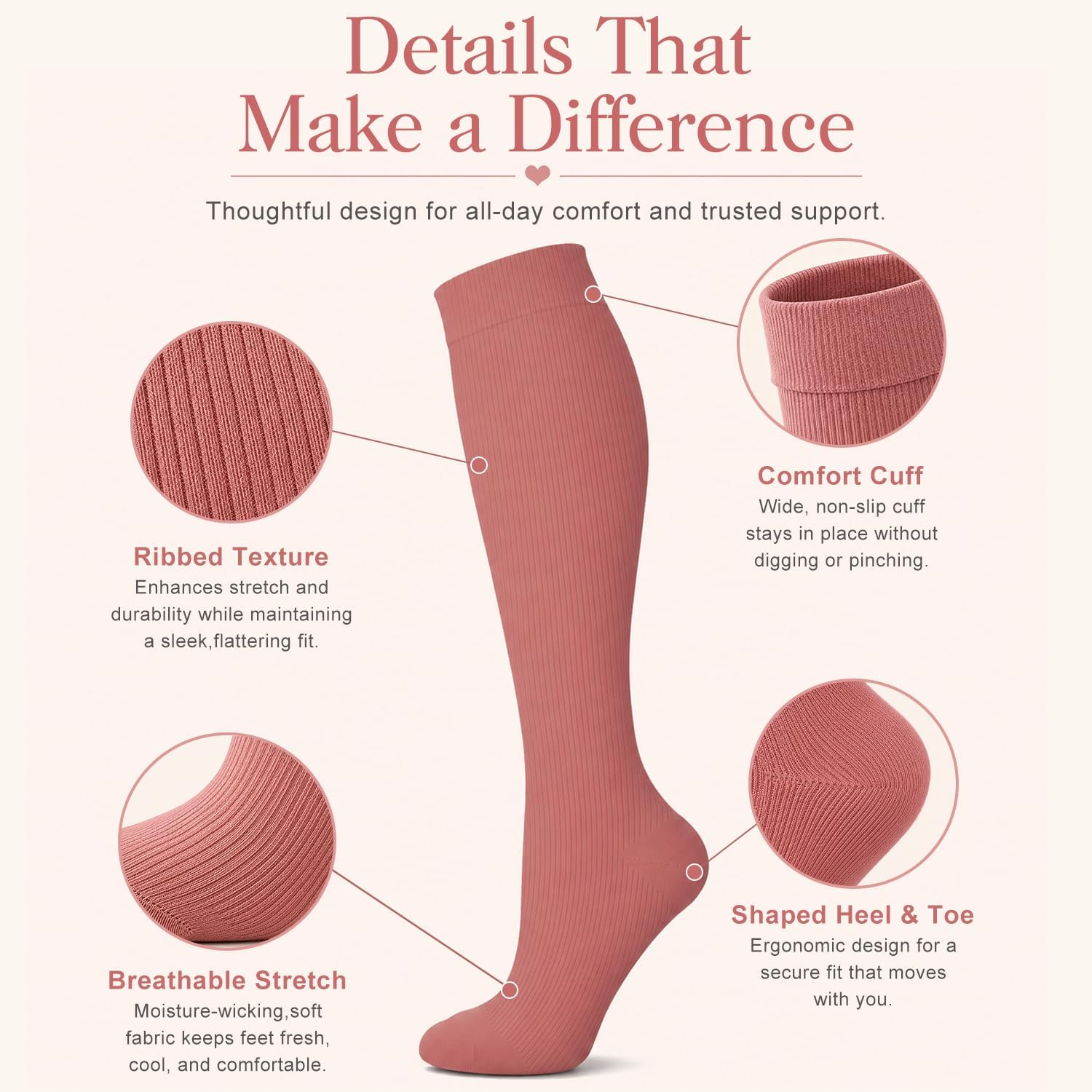 Detalle de Laite Hebe 4 Pairs Compression Socks for Women & Men (15-20 mmHg) — All-Day Support for Nurses, Runners, and Busy Hands