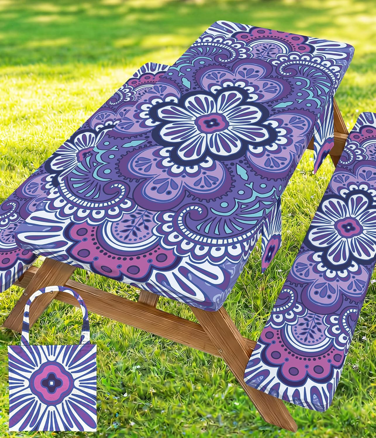 Detalle de Wrakus ZB2-5-230-S Picnic Table Cover Set, Purple Mandala, Waterproof Polyester