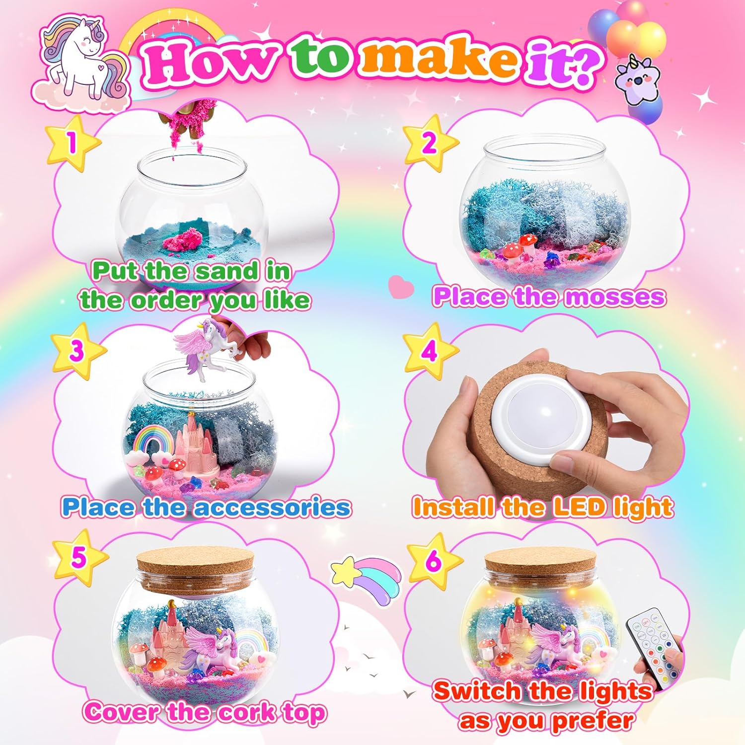 Detalle 2 de HappyGoLucky Unicorn Terrarium Craft Kit with Night Light for Kids (Ages 3–9)