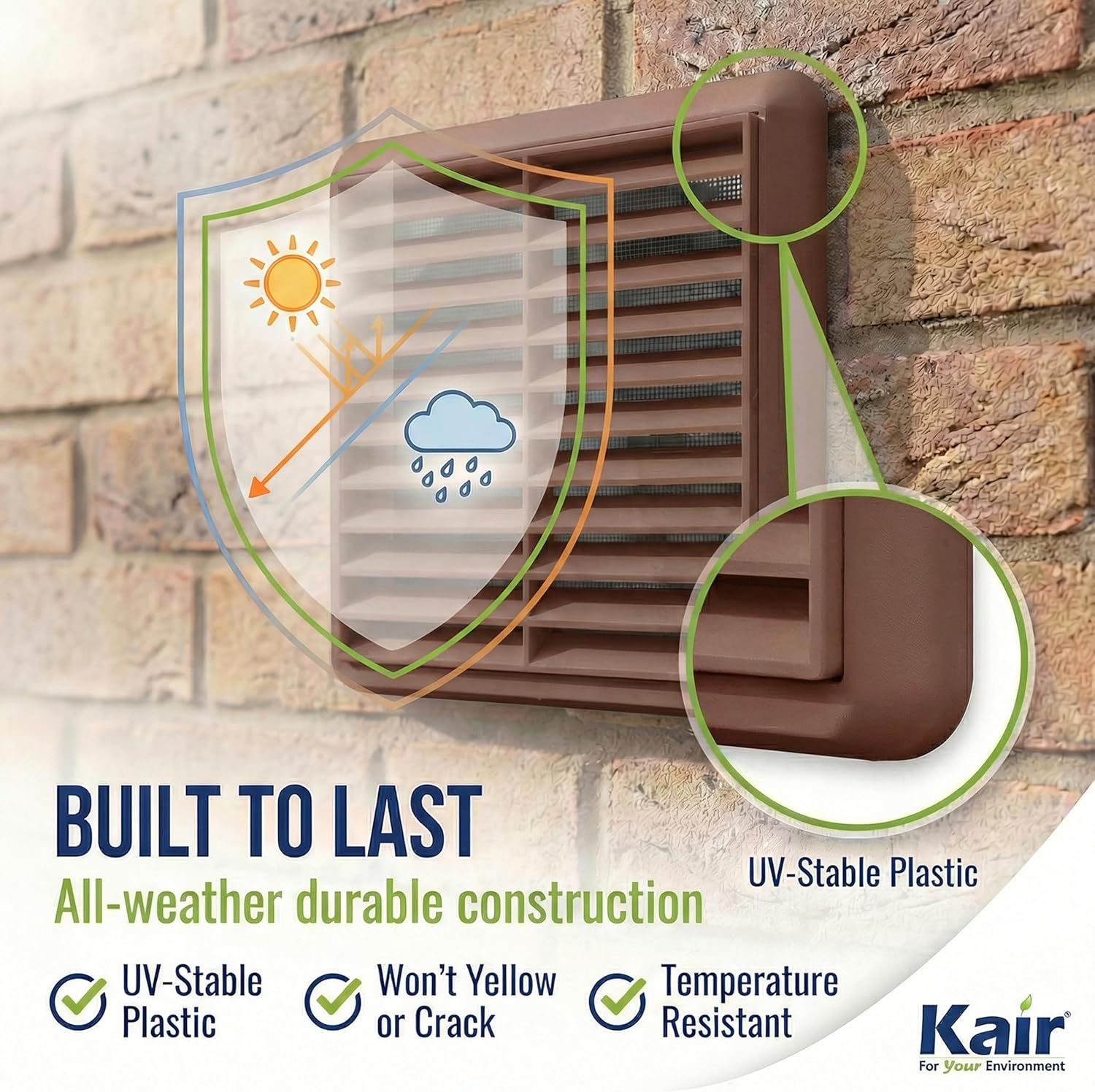 Detalle de Kair Brown 100mm Louvred Wall Vent Grille with Flyscreen – 155mm x 155mm, 4 Inch Rear Spigot