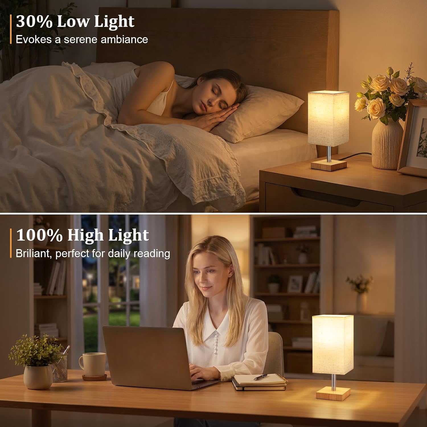 Detalle 2 de PreeOtti Bedside Lamps – Small Linen Touch Lamp with 3‑Step Dimming (UK Plug)