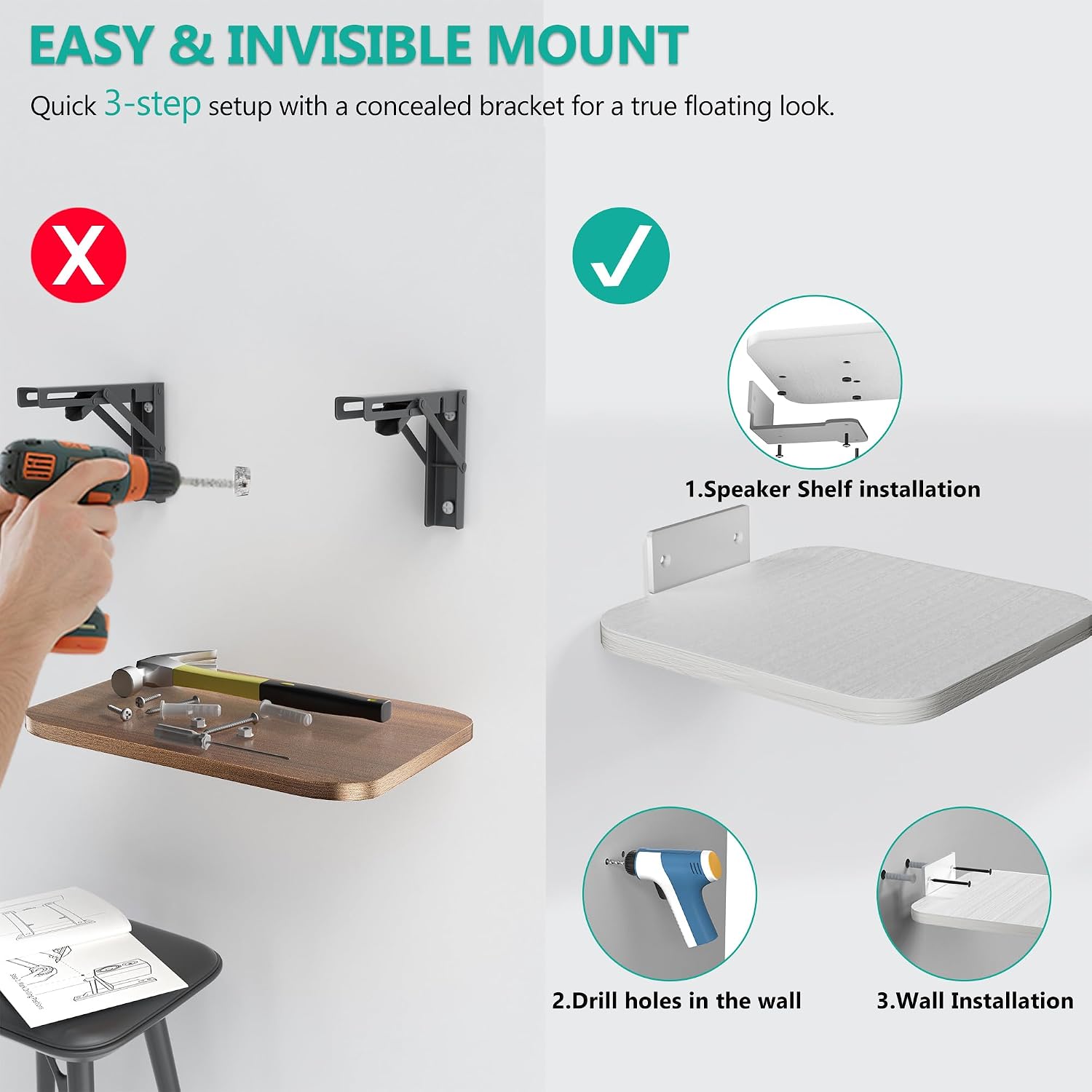 Thumbnail 5 de WALI SWM302W Speaker Wall Mount Pair: Heavy-Duty Floating Shelves for Surround Sound