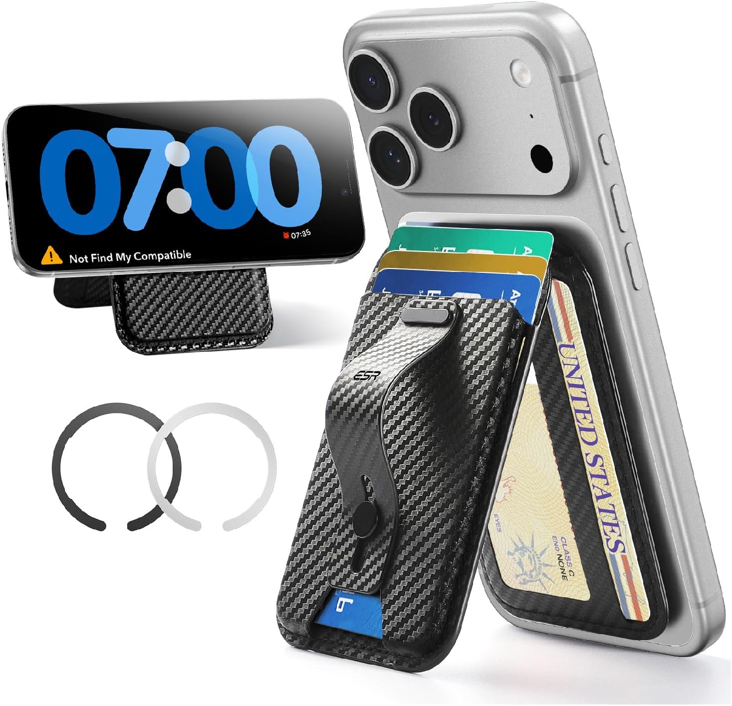 Detalle de ESR for MagSafe Wallet: 5 Card Holder with Adjustable Stand and RFID Blocking (Carbon Fibre, Black)