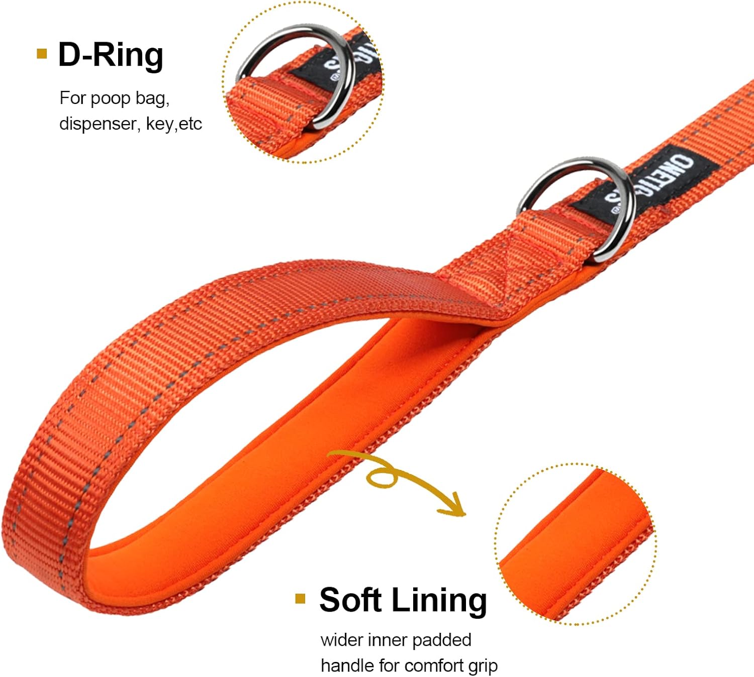 Detalle de OneTigris Laisse pour chien sans tirage – 1,8 m, nylon 1000D, 2 poignées (orange)