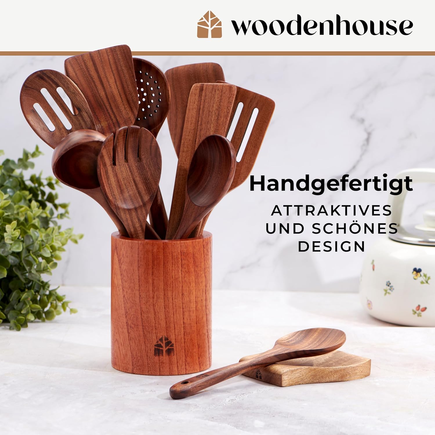 Detalle 2 de Holz-Kochlöffel Set 12 Teakholz mit Halter