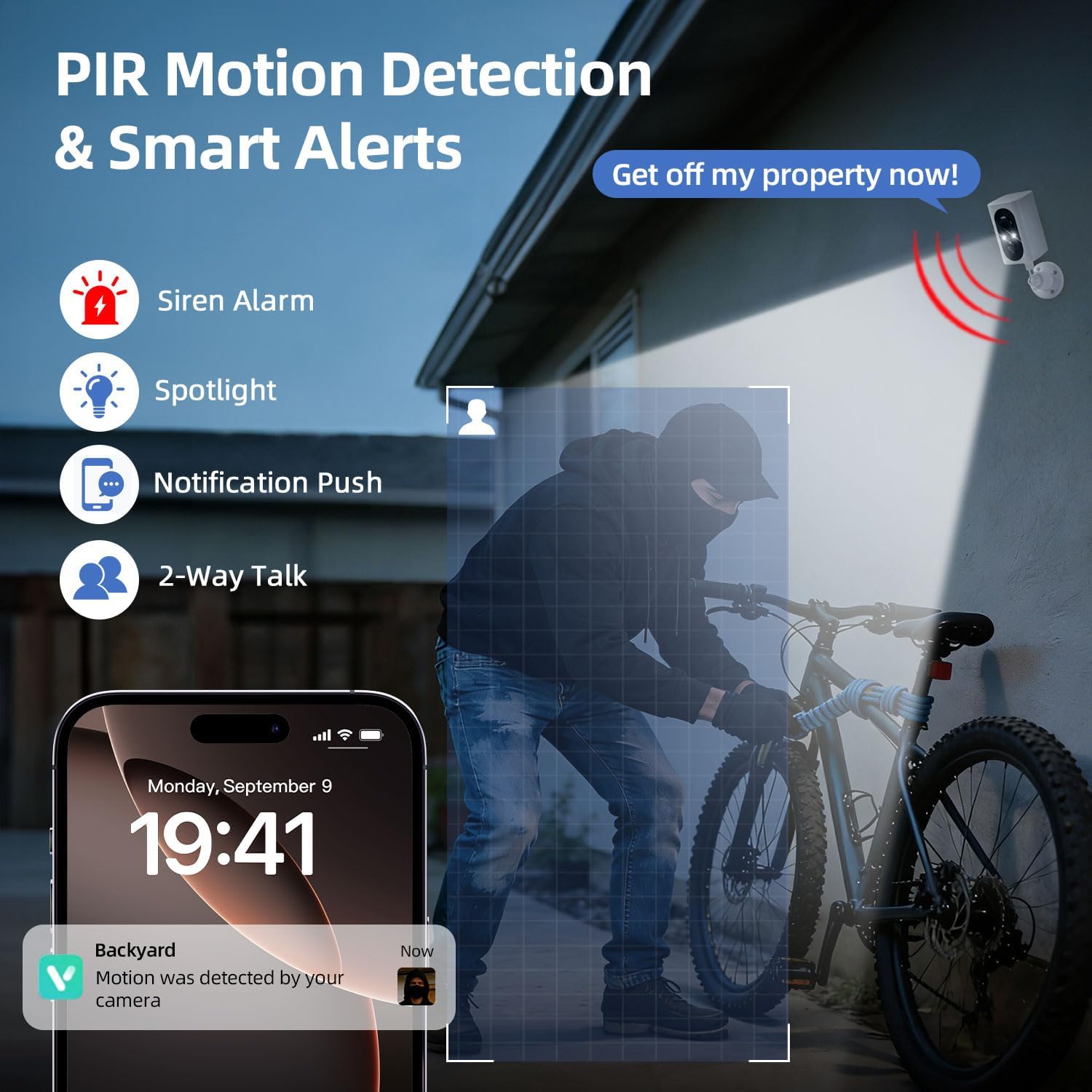 Thumbnail 4 de Security Cameras Wireless Outdoor 2-Pack (355° Pan, 2K, Color Night Vision, WiFi Battery, PIR Alerts, 2-Way Talk, IP65) — Spotlight & Siren