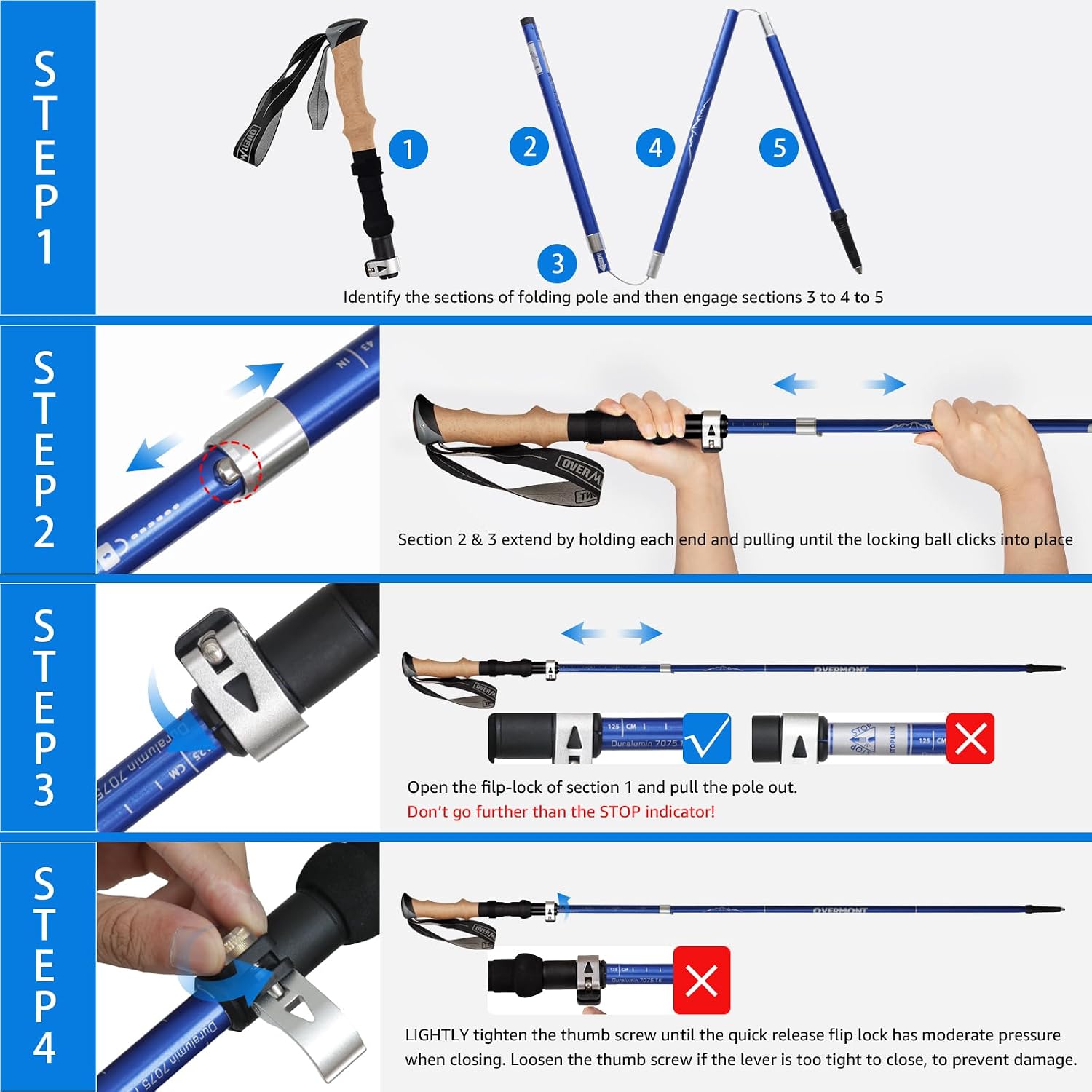 Thumbnail 6 de Overmont Bâtons de randonnée pliables en aluminium léger – Réglables 105–125 cm (1 paire) avec accessoires tout-terrain