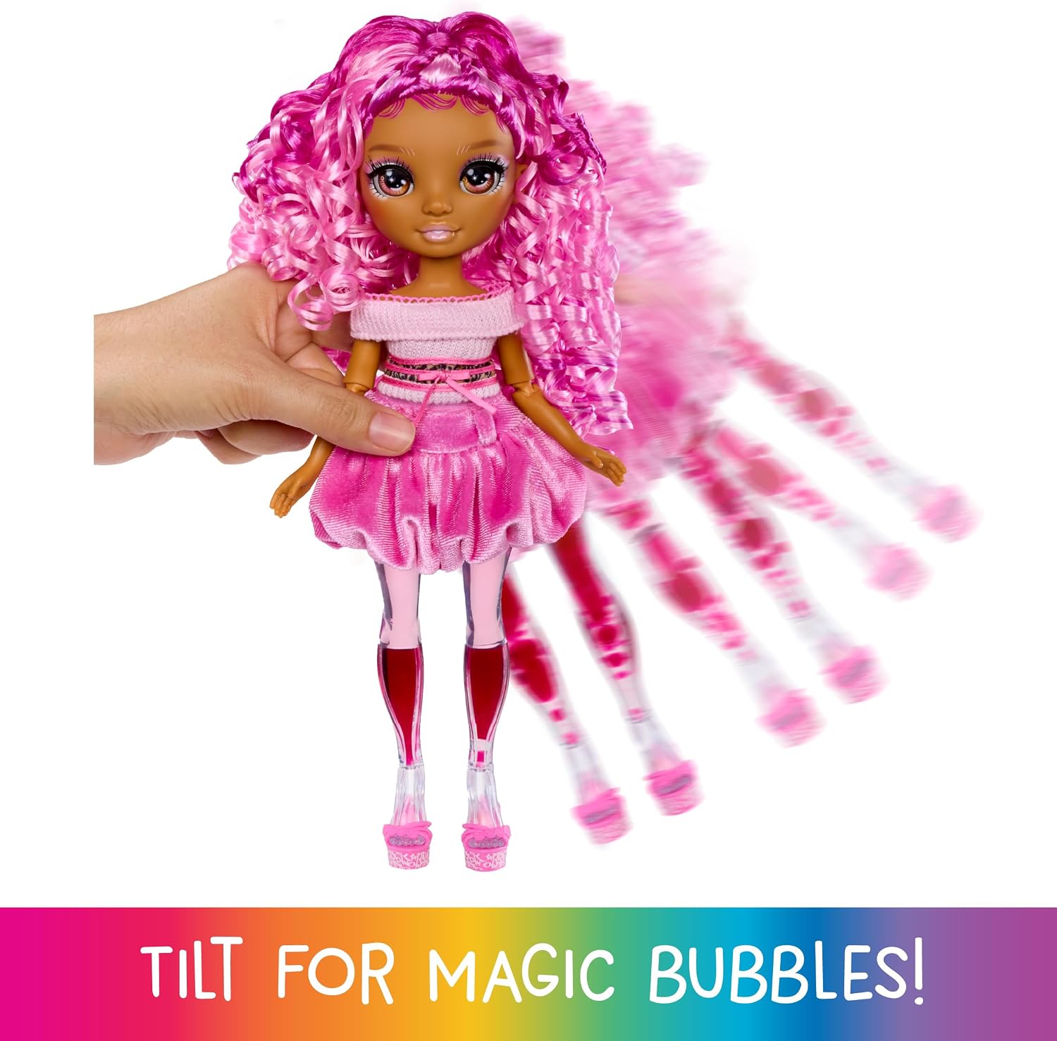 Detalle de Rainbow High Sparkle & Shine Puppe Leilani – 28 cm mit Magischen Zauberblasen und pinkem Haar
