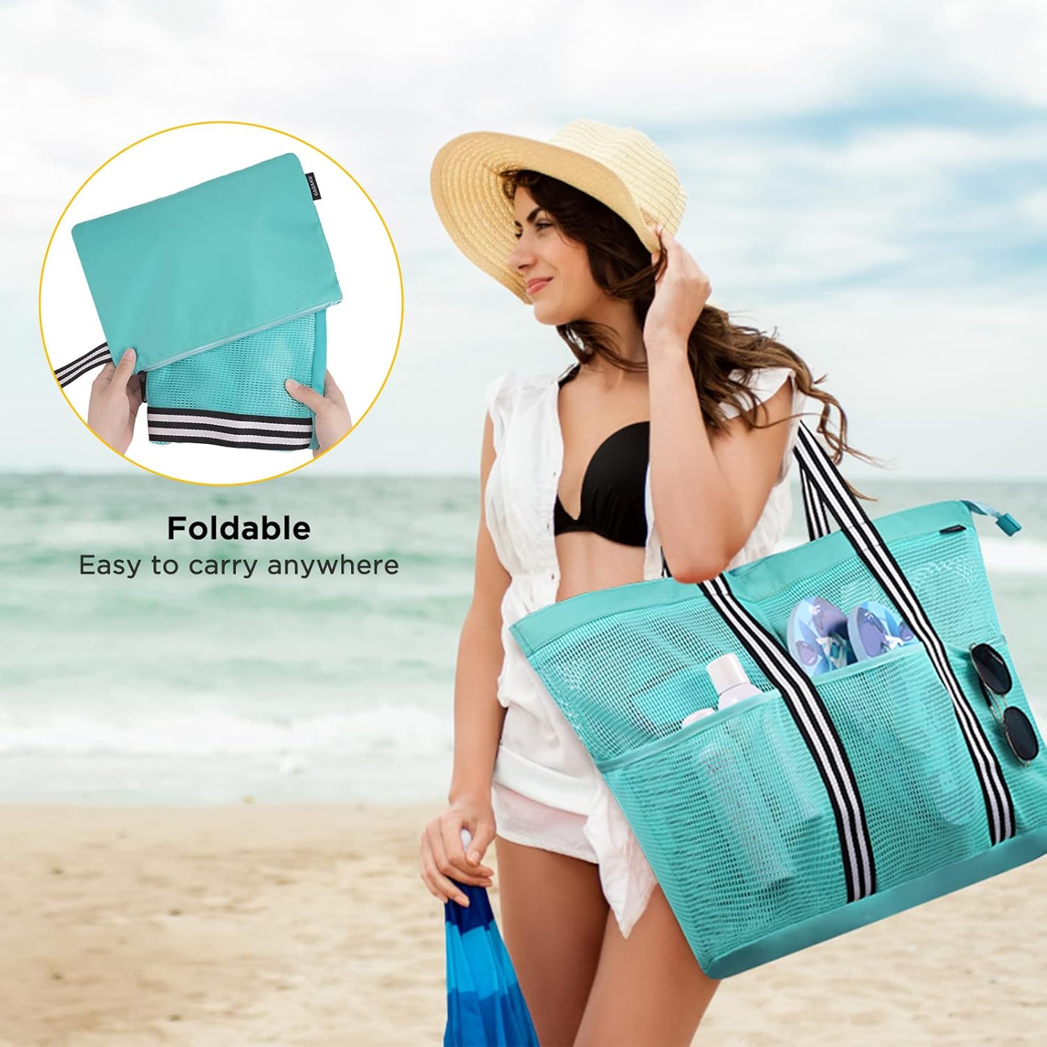 Thumbnail 6 de GAGAKU Sac de voyage extra large - Sac à main pliable en filet pour plage et shopping