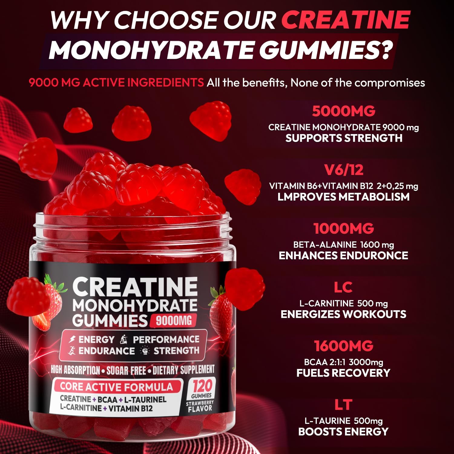 Detalle de Cytona 5,000 mg Creatine Monohydrate Gummies with Taurine, BCAAs, and B Vitamins