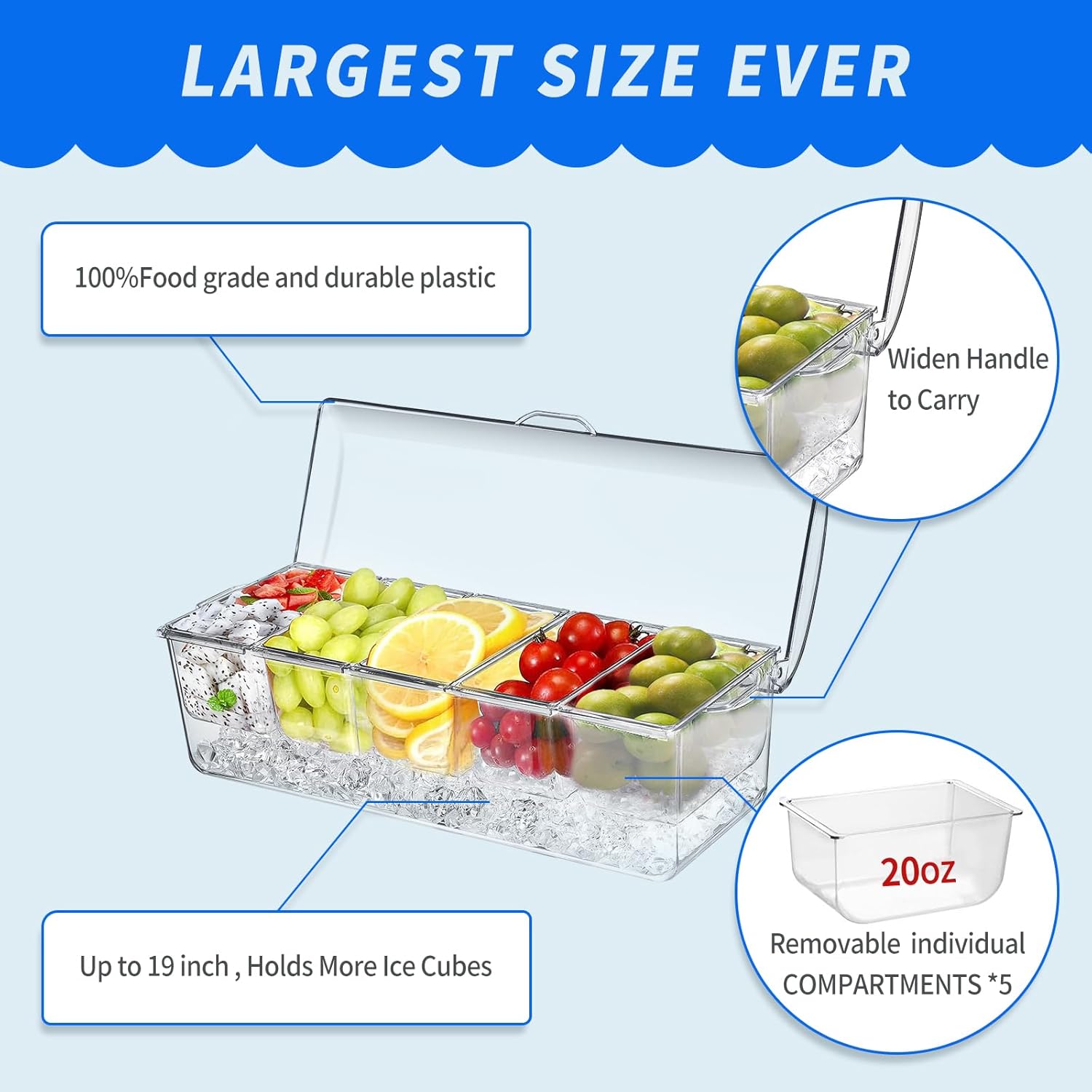 Thumbnail 2 de Large Ice Chilled Condiment Caddy with Lids for 5 Removable Compartments (19" x 7" x 5.5")