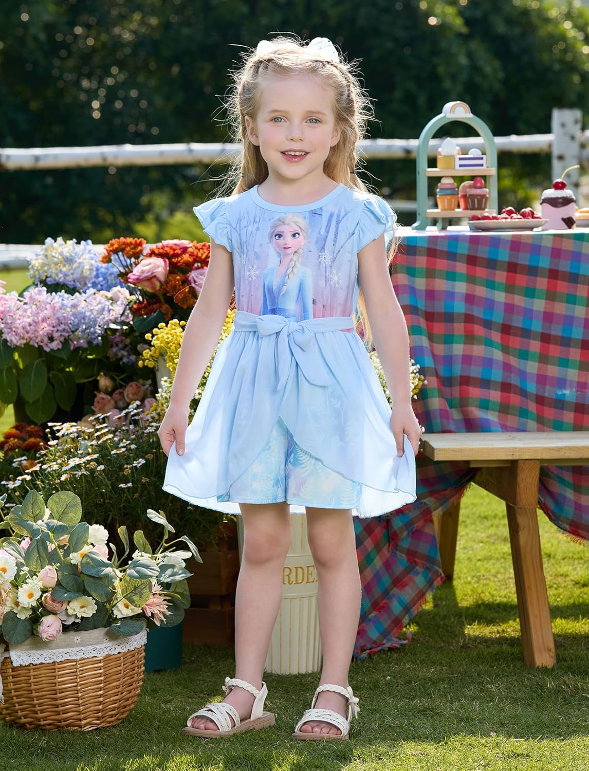 Detalle 2 de Disney Princess Frozen Elsa Minnie Mouse Stitch Toddler Jumpsuit with Bow Overlay (2–6 Years)
