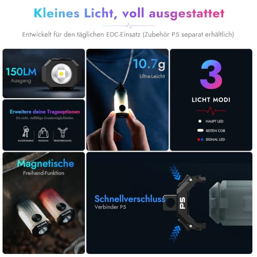 Detalle de WUBEN E2 Mini Taschenlampe LED Aufladbar – kompakt, 3-in-1 Magnet, inklusive P5‑Option