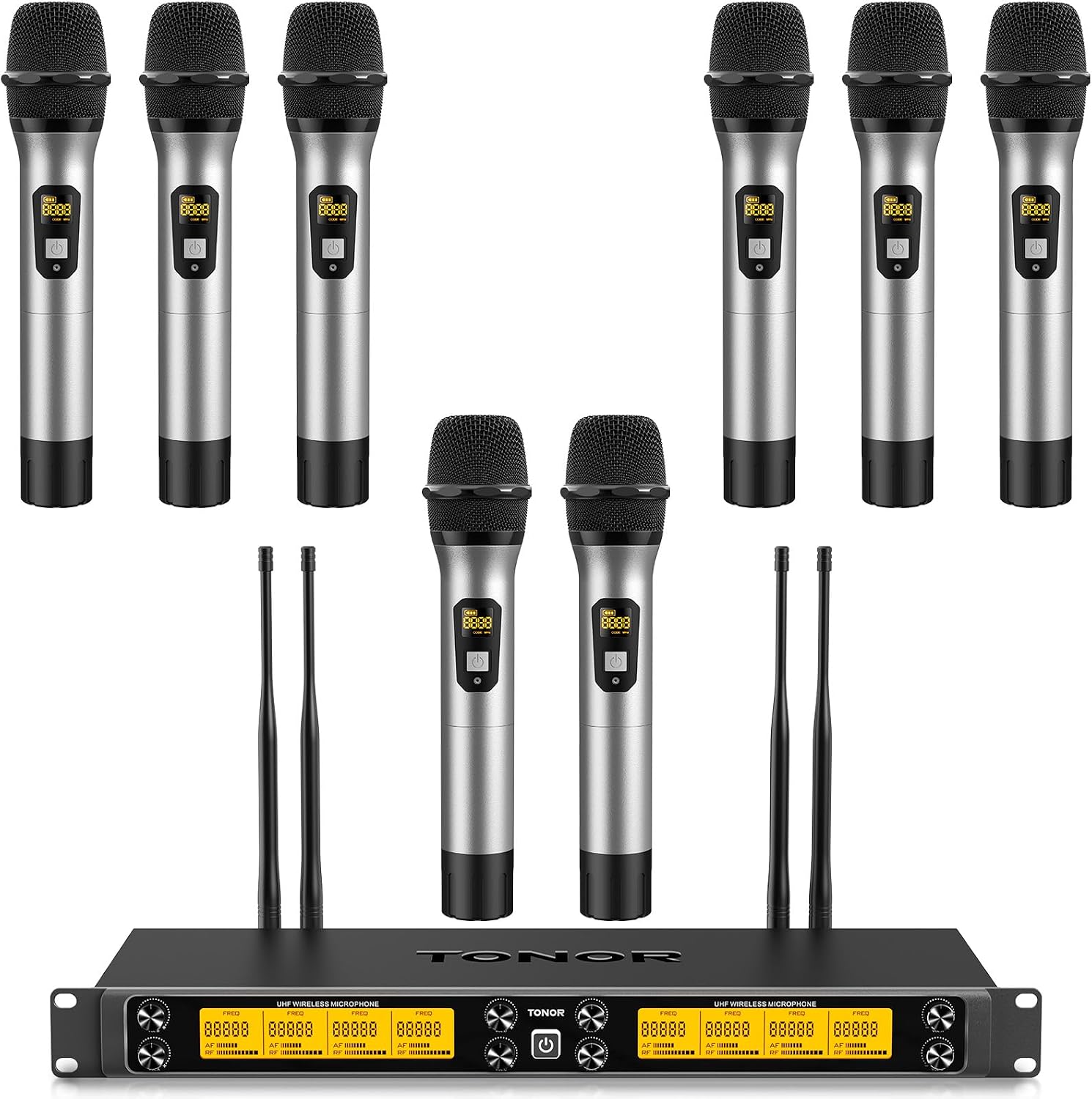 Detalle de TONOR TW-880 8-Mic UHF Wireless System, Metal Handheld Mics, 90 m