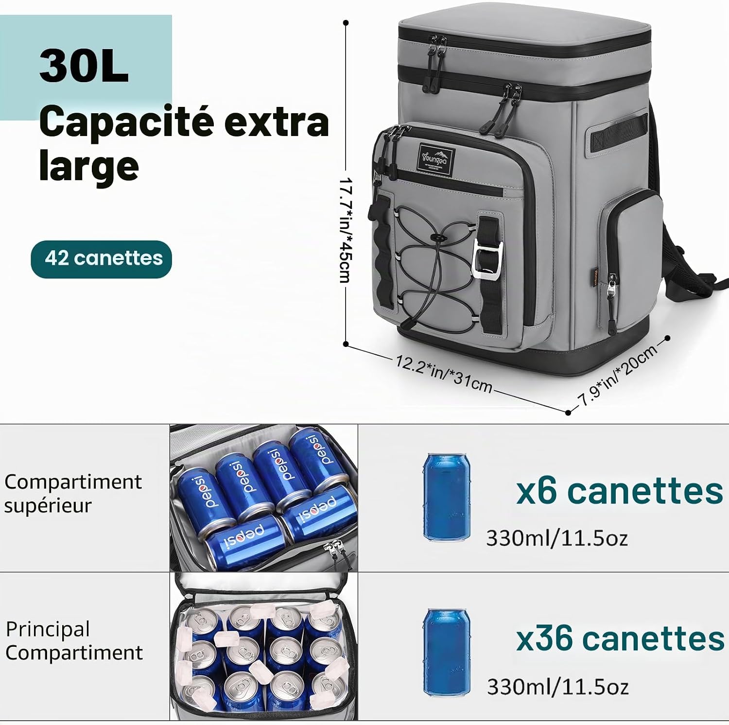 Detalle de Youngoa Sac à Dos Isotherme 30L – Grand sac glacière étanche pour pique-nique, camping et plage